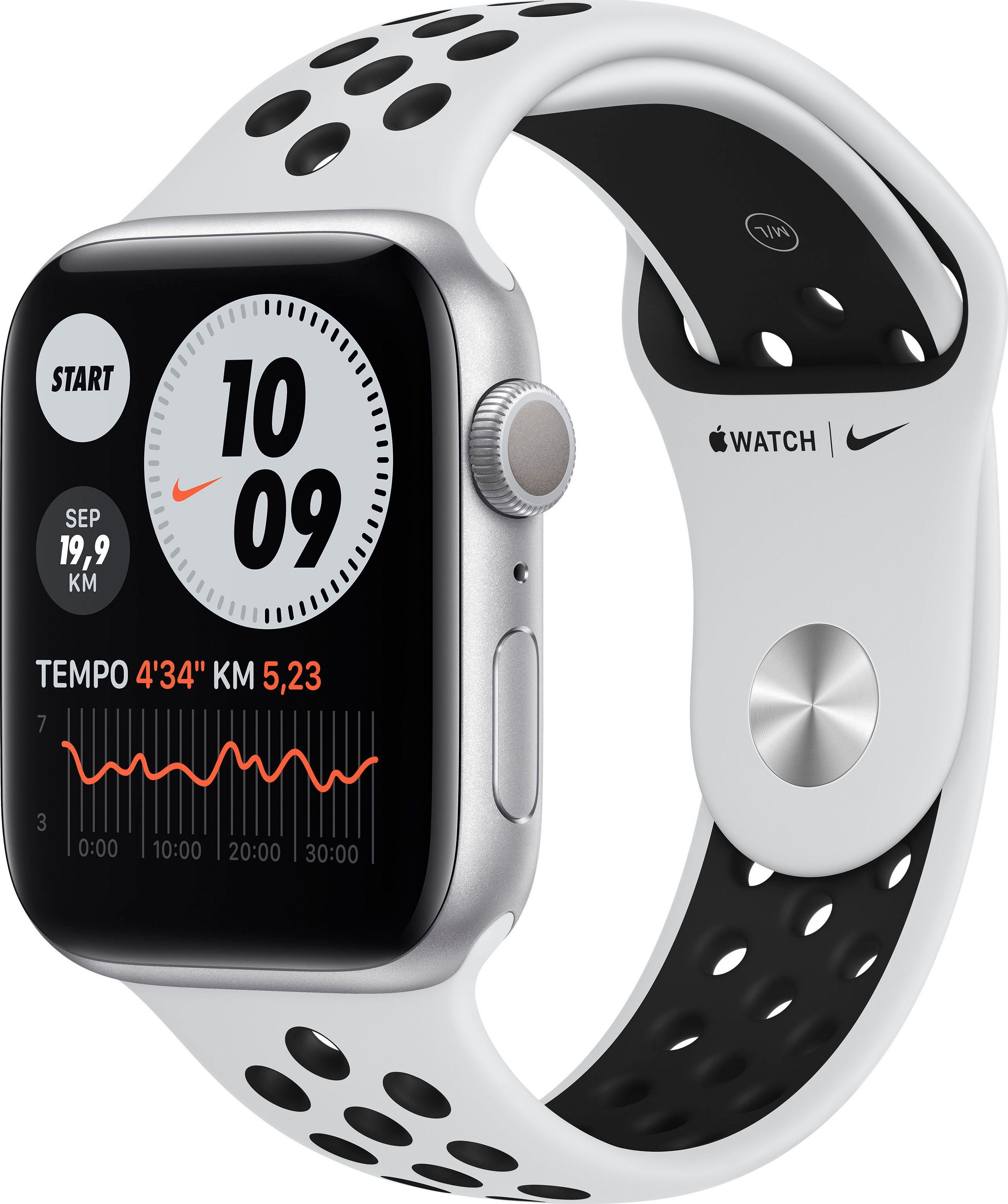 Apple Nike Series 6 GPS, Aluminiumgehäuse mit Nike Sportarmband 44mm Watch ( Watch OS), inkl. Ladestation (magnetisches Ladekabel)