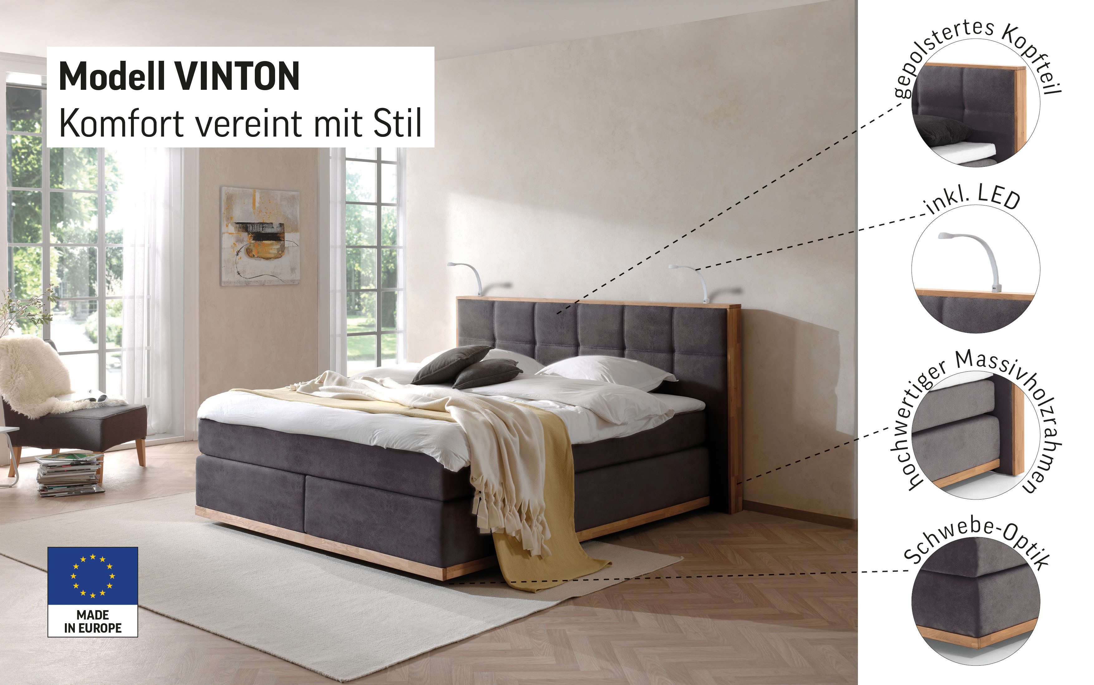 PLACES OF STYLE Boxspringbett "Vinton" aus Eiche, mit LED-Beleuchtung, vers günstig online kaufen