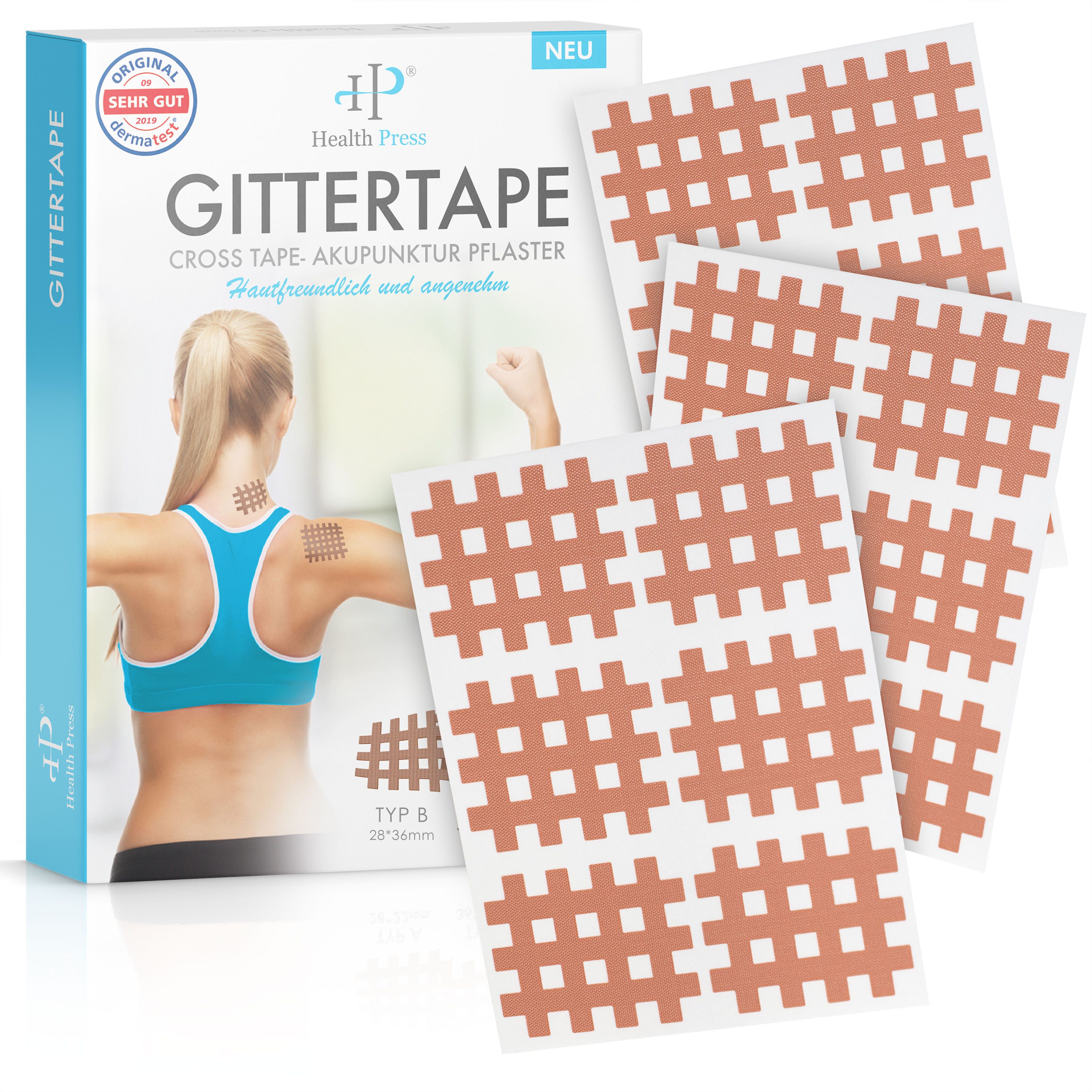 Health Press Kinesiologie-Tape Gittertape Cross Tape hautfreundliche Gitterpflaster (120-St) hohe Klebekraft, lange Haftdauer