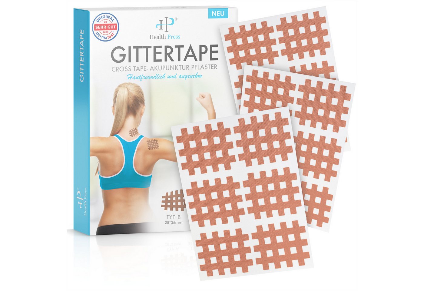 Health Press Kinesiologie-Tape Gittertape Cross Tape hautfreundliche Gitterpflaster (120-St) hohe Klebekraft, lange Haftdauer