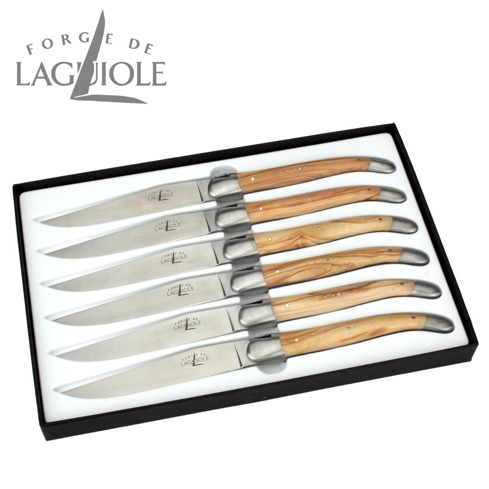 Forge de Laguiole Steakmesser T6 2M IN OL SAT 6er Set - Griff Olivenholz - Stahl satiniert - Aufbewahrungsbox