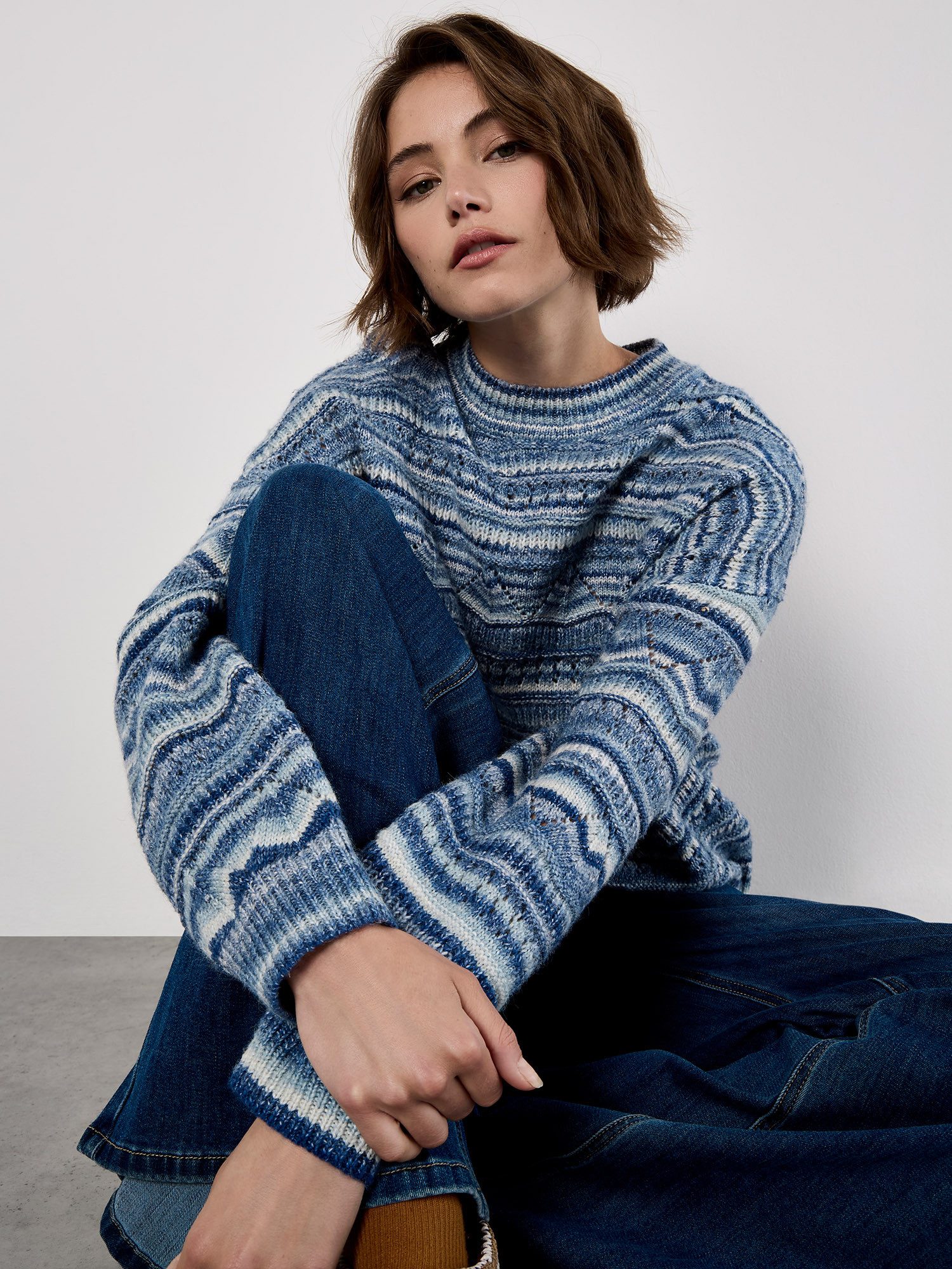 Apricot Streifenpullover ohne Verschluss aus Pointellestrick günstig online kaufen