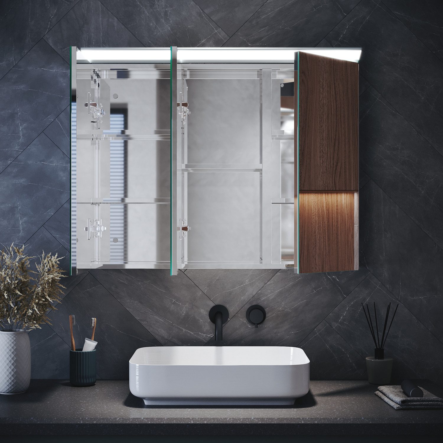 SONNI Spiegelschrank Badezimmerspiegelschrank mit Beleuchtung,Spiegelschrank mit Touch 105 cm x 65 cm, 3 türig, Anti-fog, Kalt/Warm/Neutral