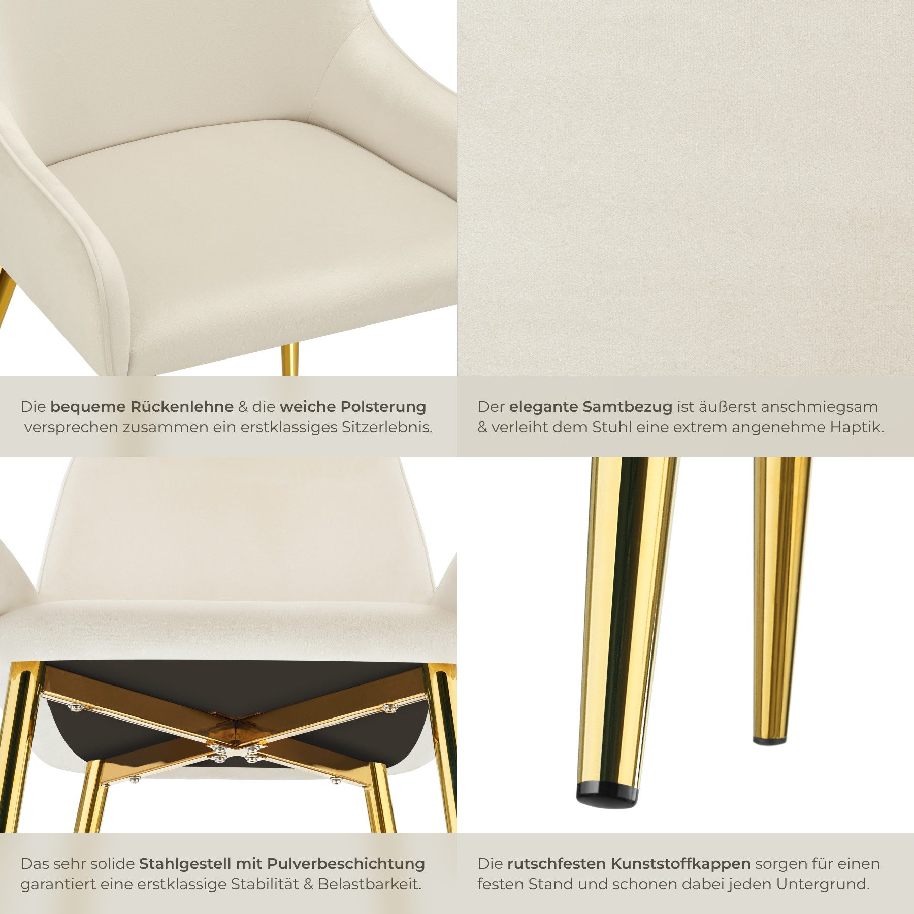 tectake Esszimmerstuhl Polsterstuhl in Samtoptik, gepolstert, 52 x 61 x 89 cm (Küchenstuhl Avane in beige, 2 St), pulverbeschichtete Stahlbeine, bodenschonend,  – Bild 5 von 5