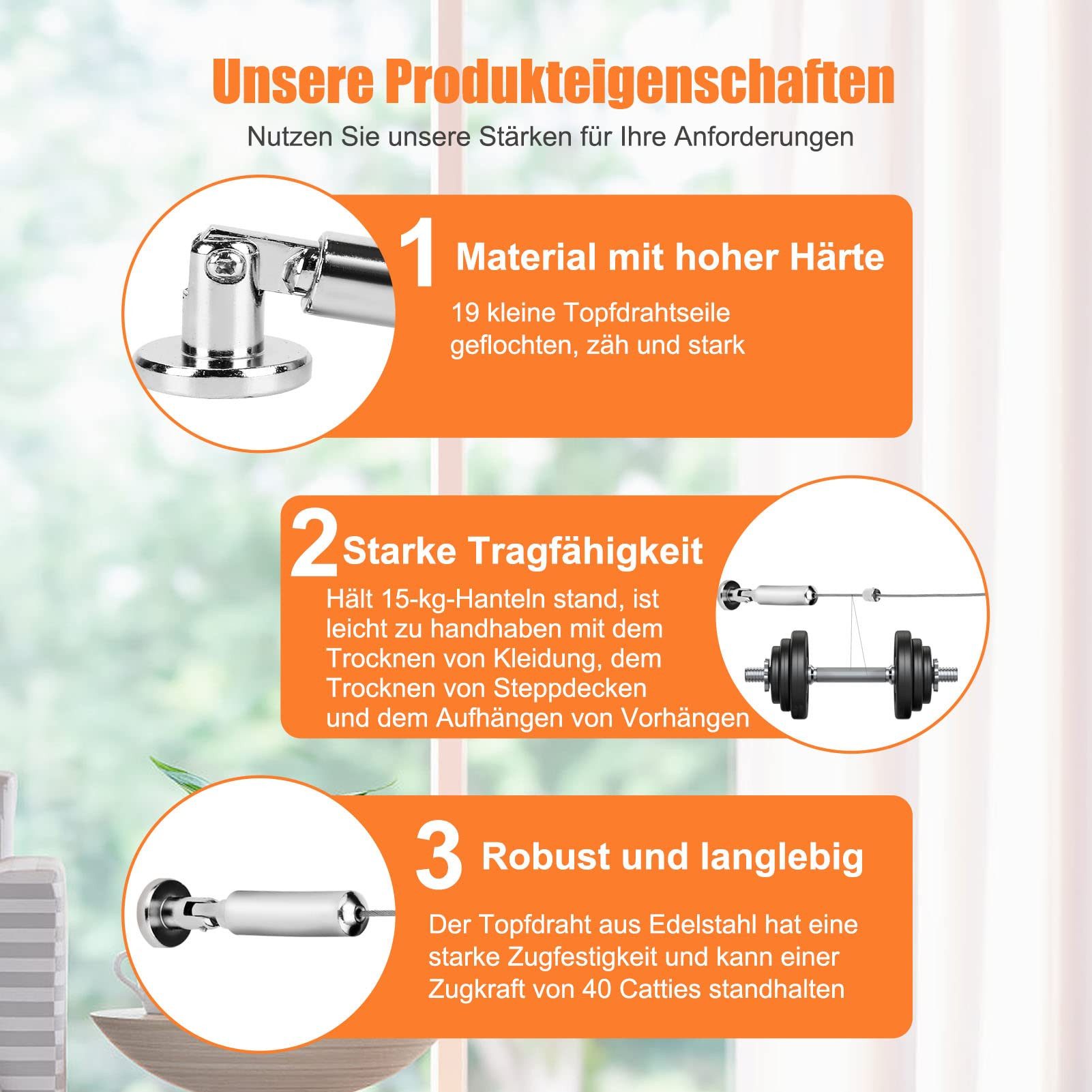 Youyijia Drahtseil Edelstahl Vorhangseil-Set für Innendekoration (1-tlg)