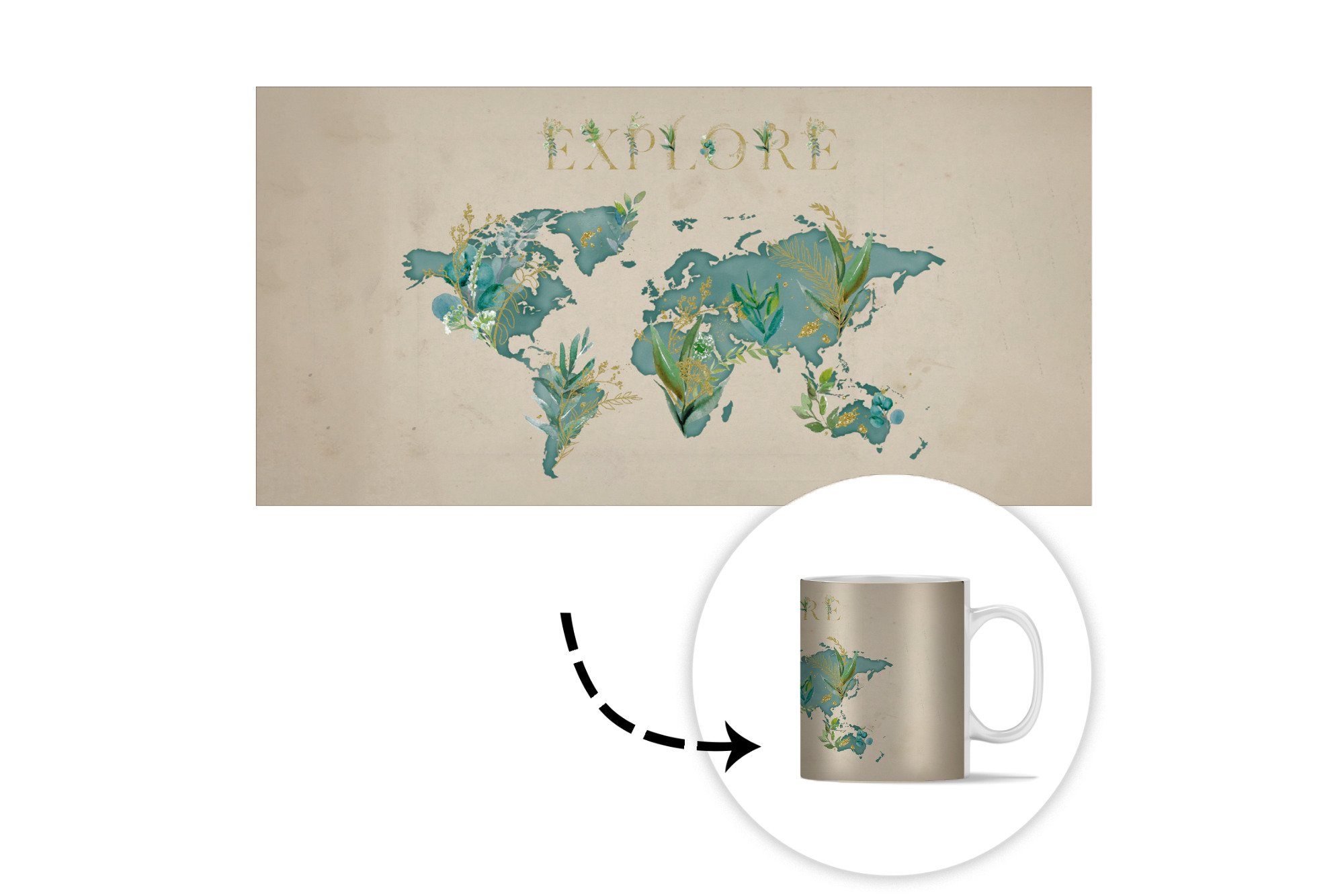 Teetasse, Keramik, MuchoWow Weltkarte Becher, Tasse Kaffeetassen, - Teetasse, Pflanzen Geschenk - Wasser,
