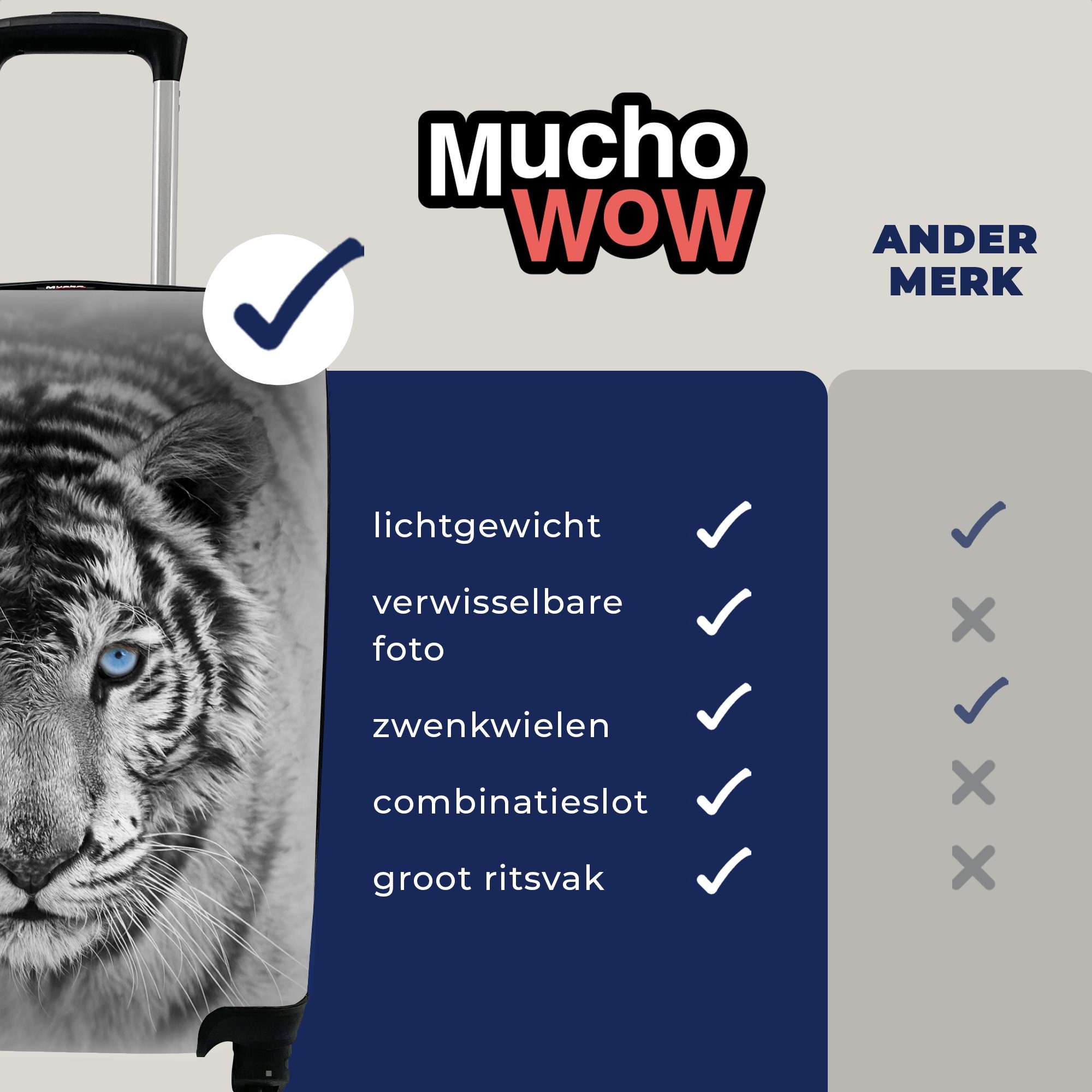 MuchoWow Handgepäckkoffer Tiere Augen Blau, Handgepäck - - Reisetasche und - Rollen, mit Schwarz Reisekoffer für Trolley, Ferien, Tiger weiß - 4 rollen