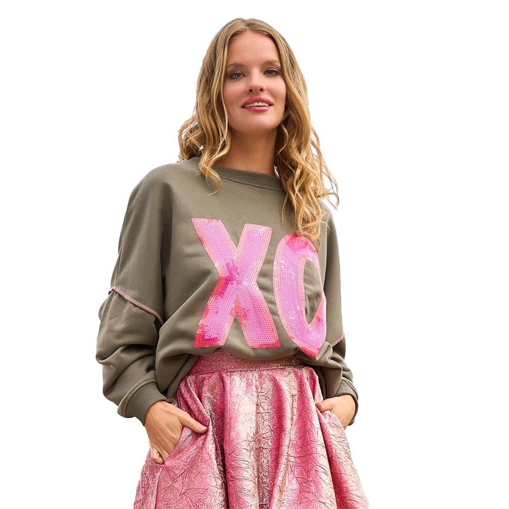 Miss Goodlife Sweatshirt MG12942 "XO Paillette" Oversize-Sweater – Olive