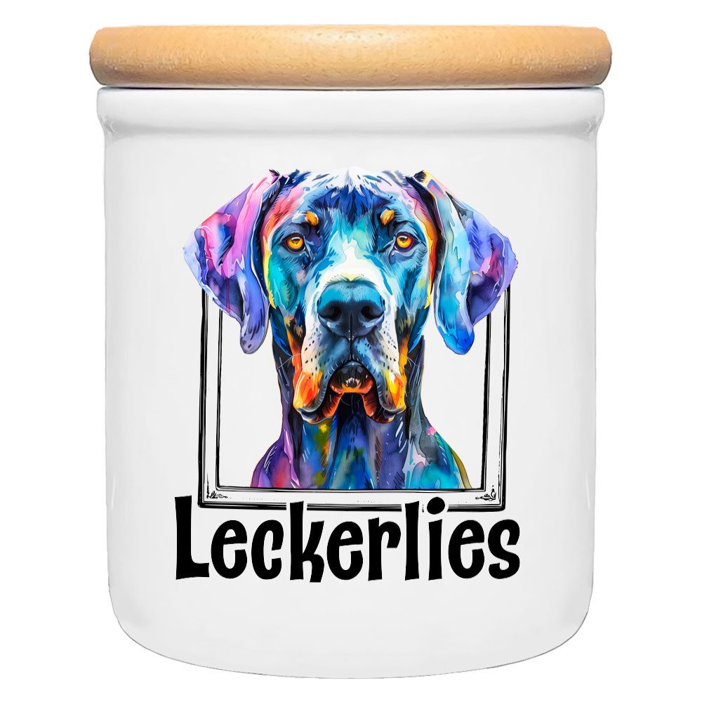 Cadouri Vorratsdose DEUTSCHE DOGGE - Leckerlidose Hund - für Hundekekse, Keramik, (Leckerlidose mit Hunderasse, 2-tlg., 1x Keramikdose mit Holzdeckel), Hundekeksdose, handgefertigt in Deutschland, für Hundebesitzer, 400 ml