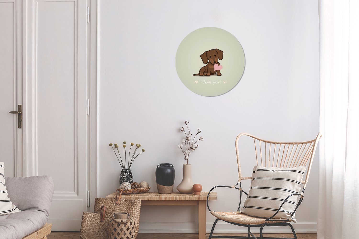 Eine Rund, Welpen Illustration braunen Wohnzimmer MuchoWow mit Tapetenaufkleber, für St), (1 eines einem Herz Tapetenkreis Kinderzimmer, Wandsticker