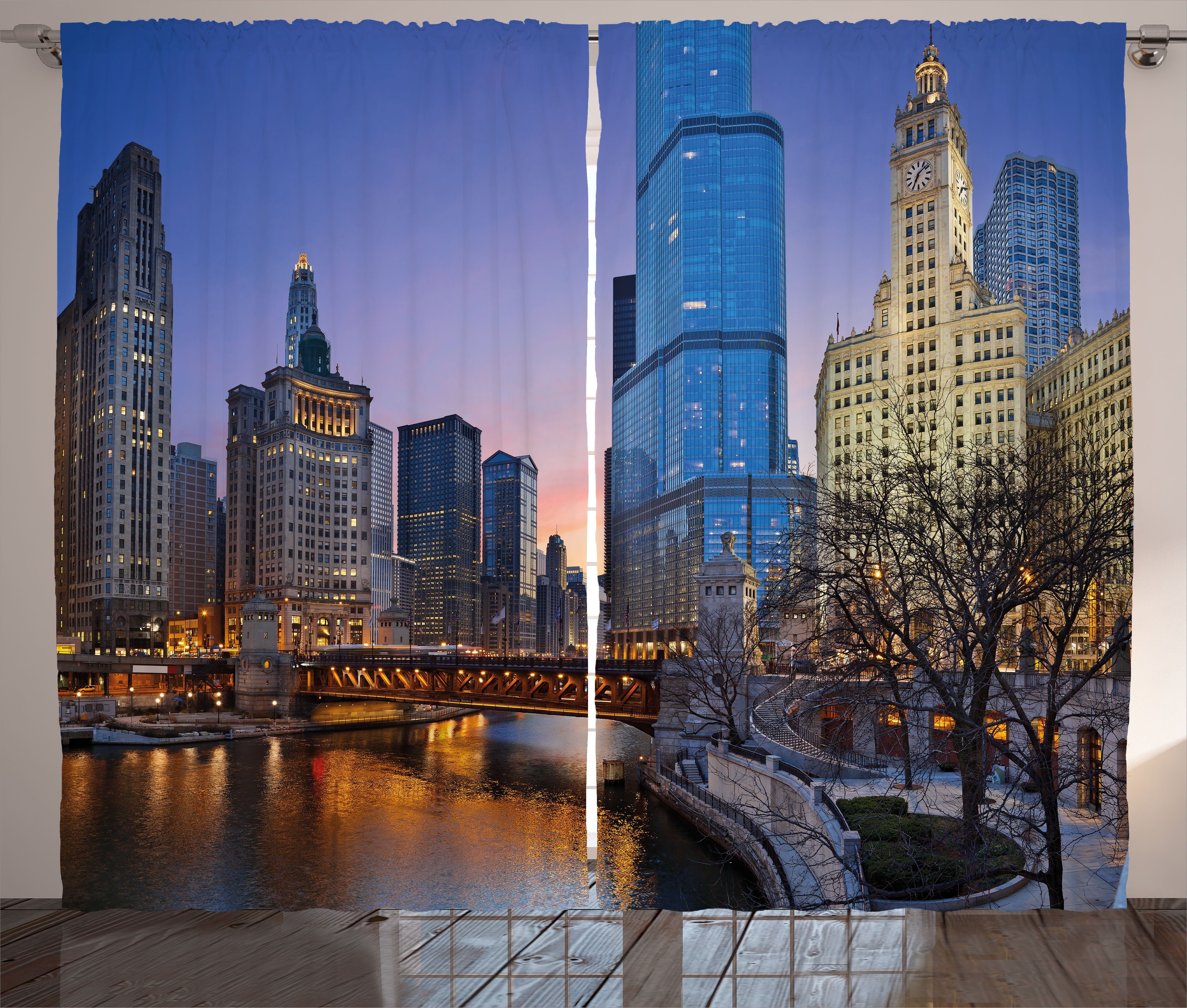 Gardine Schlafzimmer Kräuselband Vorhang mit Schlaufen und Haken, Abakuhaus, Landschaft Chicago River Scenery