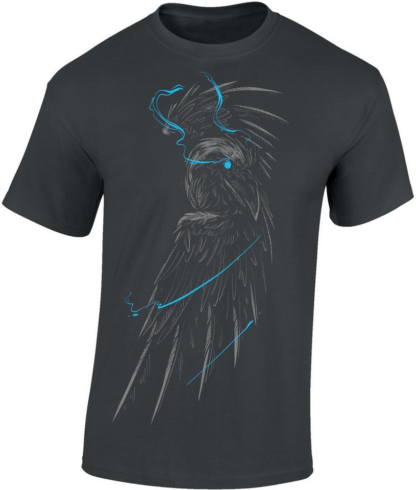 Baddery Print-Shirt Wikinger Tshirt: "Blauer Rabe" - Viking Shirt Männer, hochwertiger Siebdruck, auch Übergrößen, aus Baumwolle