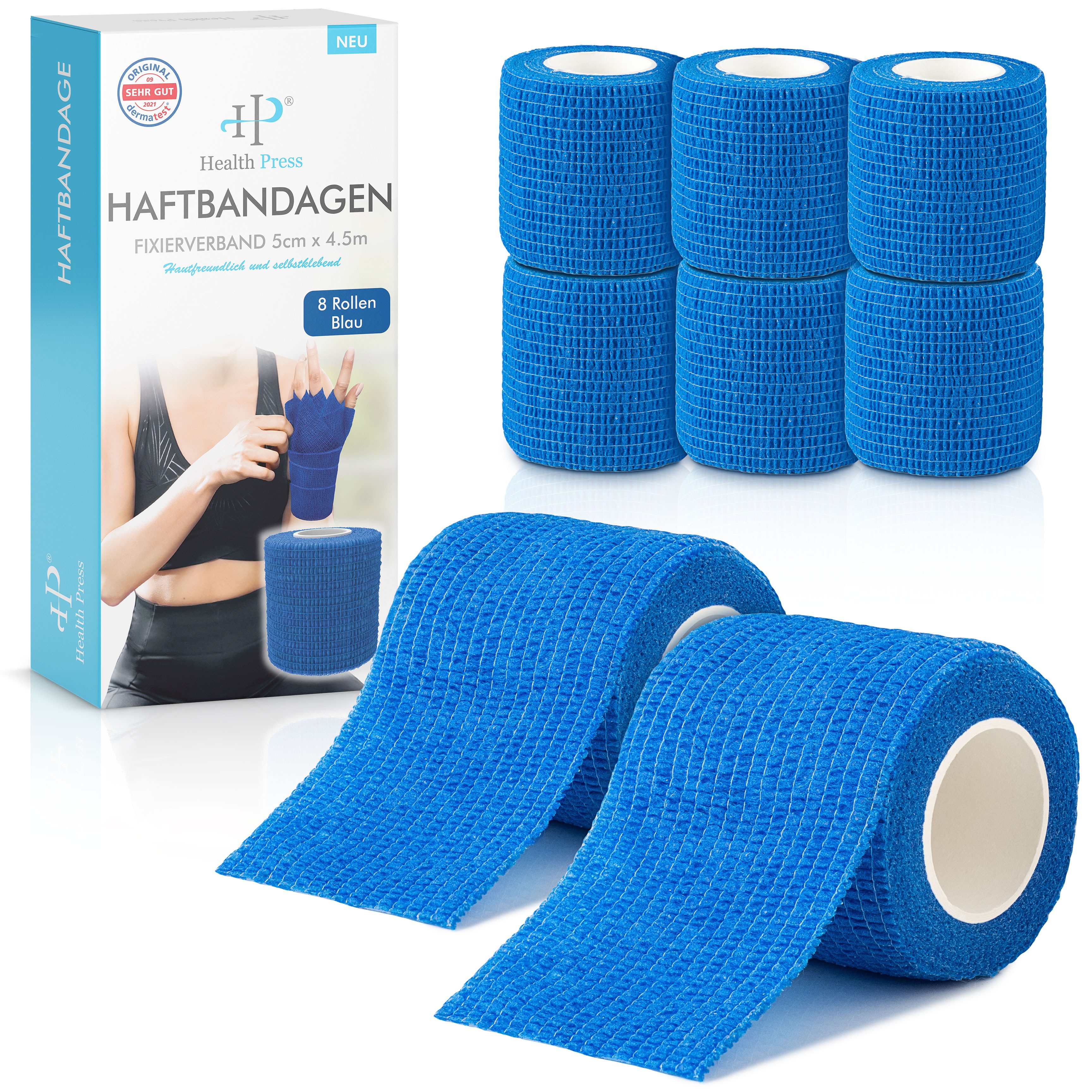 Health Press Bandage Selbstklebender Verband - 8x Pflaster Rolle (5,0cm x 4,5m)