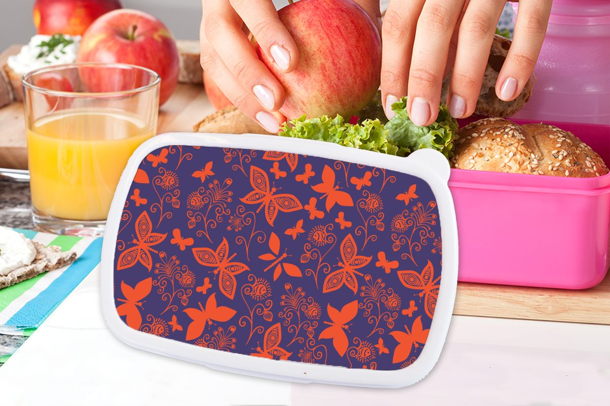 Brotdose Schmetterling Kunststoff Erwachsene, Muster, - Brotbox Kunststoff, Rot Lunchbox (2-tlg), Mädchen, rosa Libelle MuchoWow für - - Kinder, Snackbox,