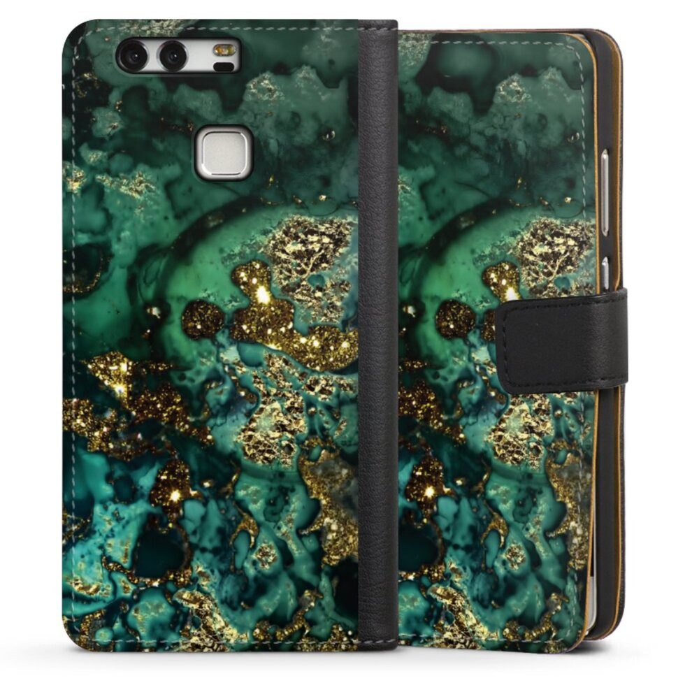 DeinDesign Handyhülle Marmor Glitzer Look Muster Cyan Glitter Marble Look, Huawei P9 Hülle Handy Flip Case Wallet Cover Handytasche Leder