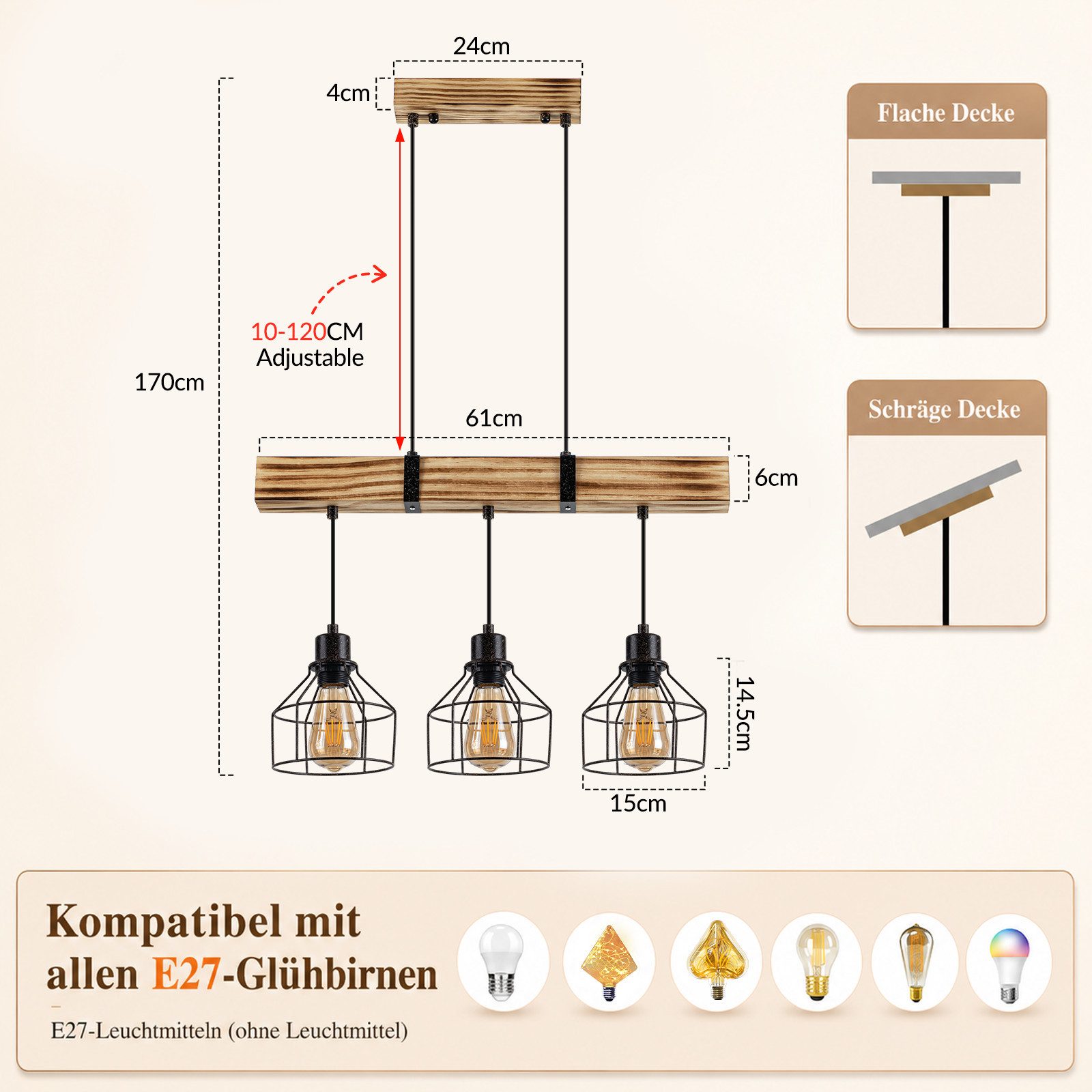Nettlife Pendelleuchte Esstisch 3/4flammig Holz Schwarz Retro Industrial Hängelampe E27, ohne Leuchtmittel, Höhenverstellbar für Esszimmer Küche Wohnzimmer Bar – Bild 3 von 5