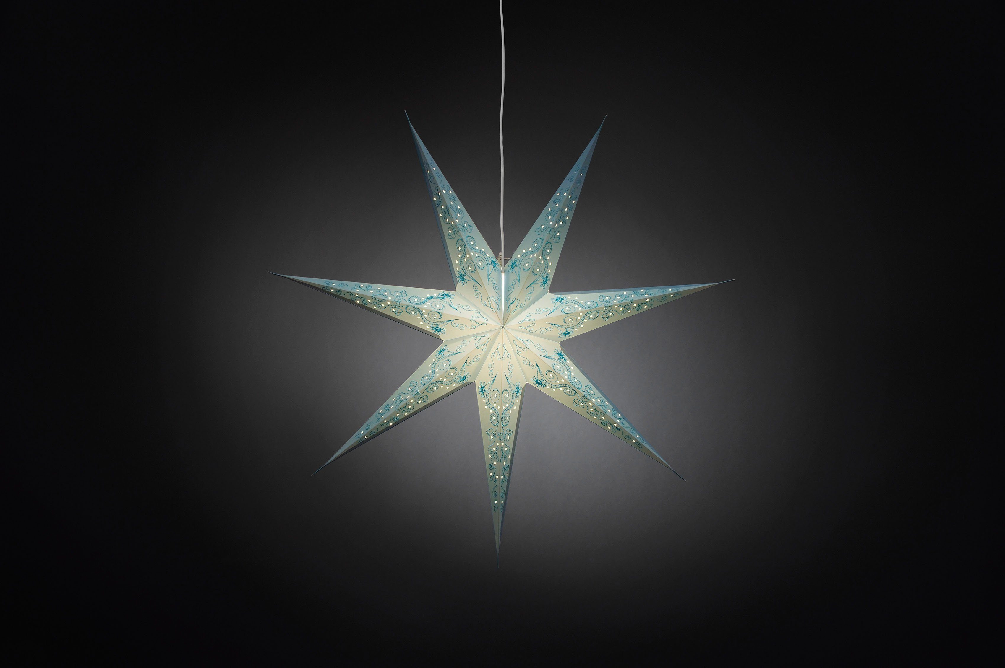 KONSTSMIDE Dekostern Stern, LED und St., 1 perforiert Weihnachtsstern, Zacken bestickt, Weihnachtsdeko, 7 Papierstern, blau