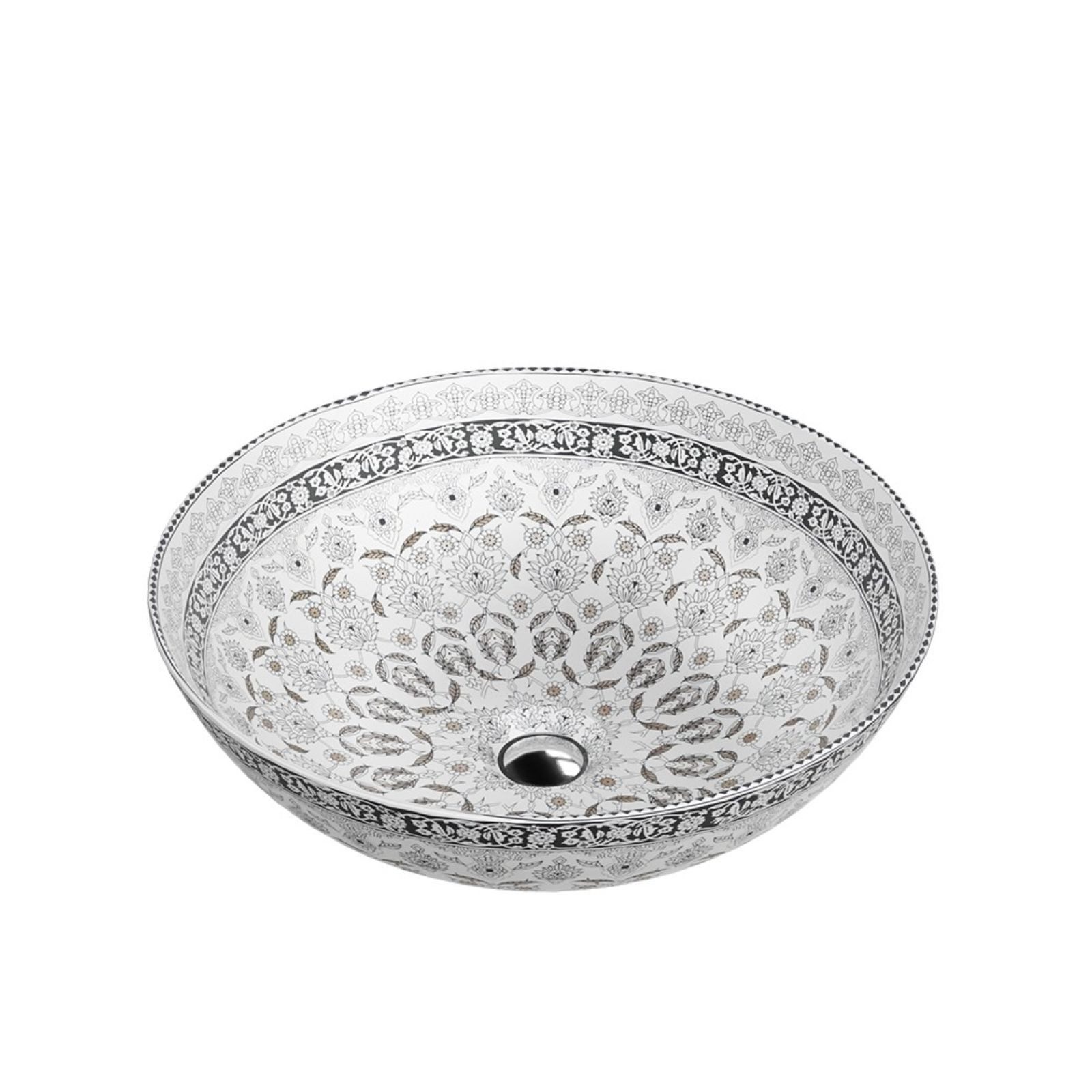 Waschbecken Aufsatzwaschbecken ROSA KOLOR, rund (40 cm), ohne Überlauf ohne Hahnlochbohrung glänzend, weiß/schwarz/grau