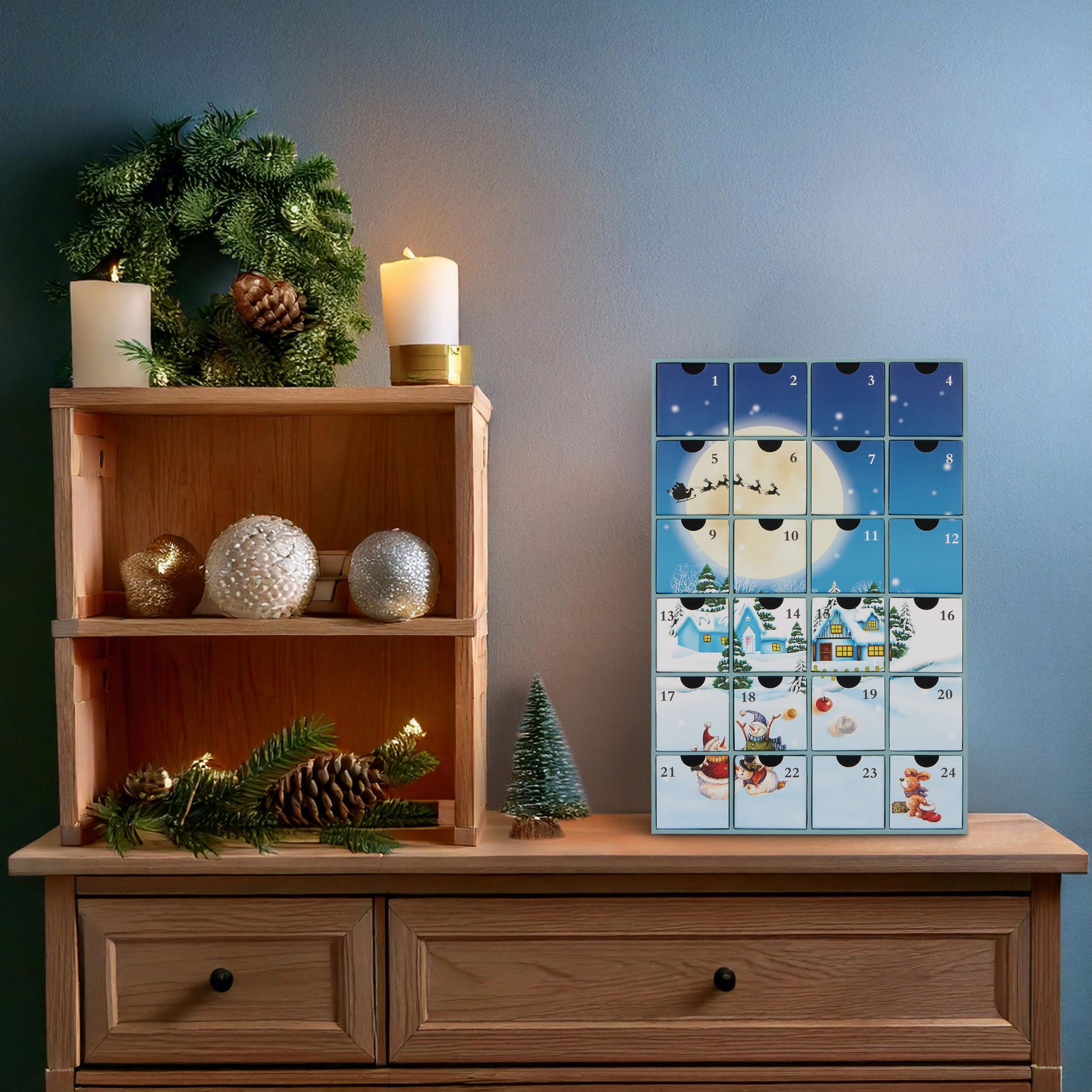BRUBAKER befüllbarer Adventskalender Weihnachtsdorf im Schnee - Weihnachtskalender zum Befüllen (39 cm groß aus Pappe, 1-tlg), DIY Kalender mit 24 Türchen für Gutscheine und Süßigkeiten