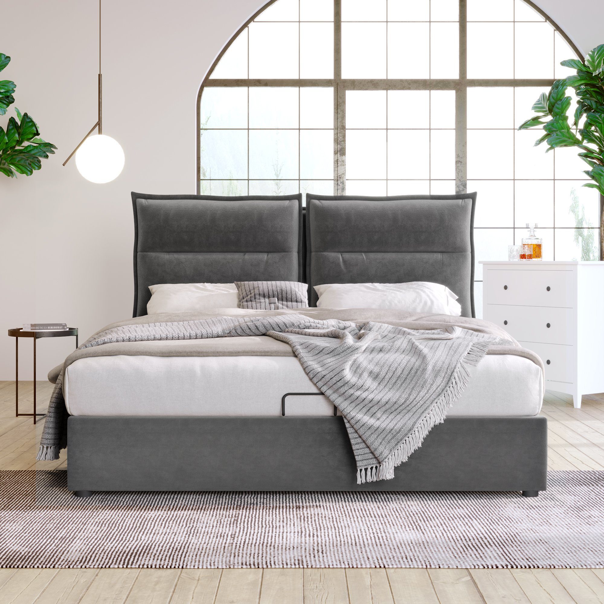 Kopfteil Kissenkopfteil Funktionsbett Polsterbett mit Doppelbett Verstellbares Mit Bett (mit 140x200cm WISHDOR Metallrahmen Lattenrost Matratze Hydraulisch Grau und Bettstauraum),