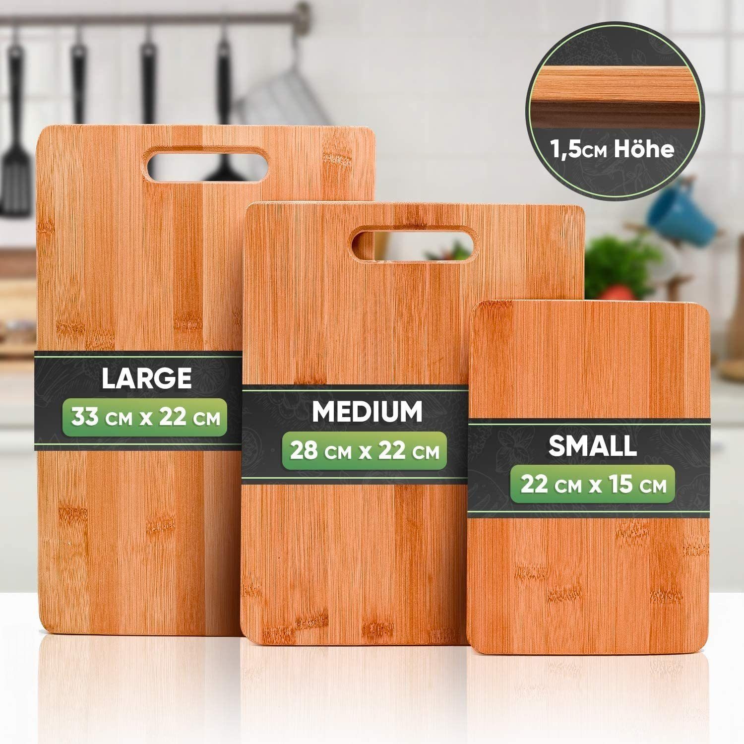 Sidorenko Schneidebrett Bambus Schneidebretter 3er Set - 33x22cm / 28x22cm / 15x22cm, Bambus, (Antibakterielles Schneidebrett aus Holz), Holz-Brett für die Küche - Holzschneidebrett