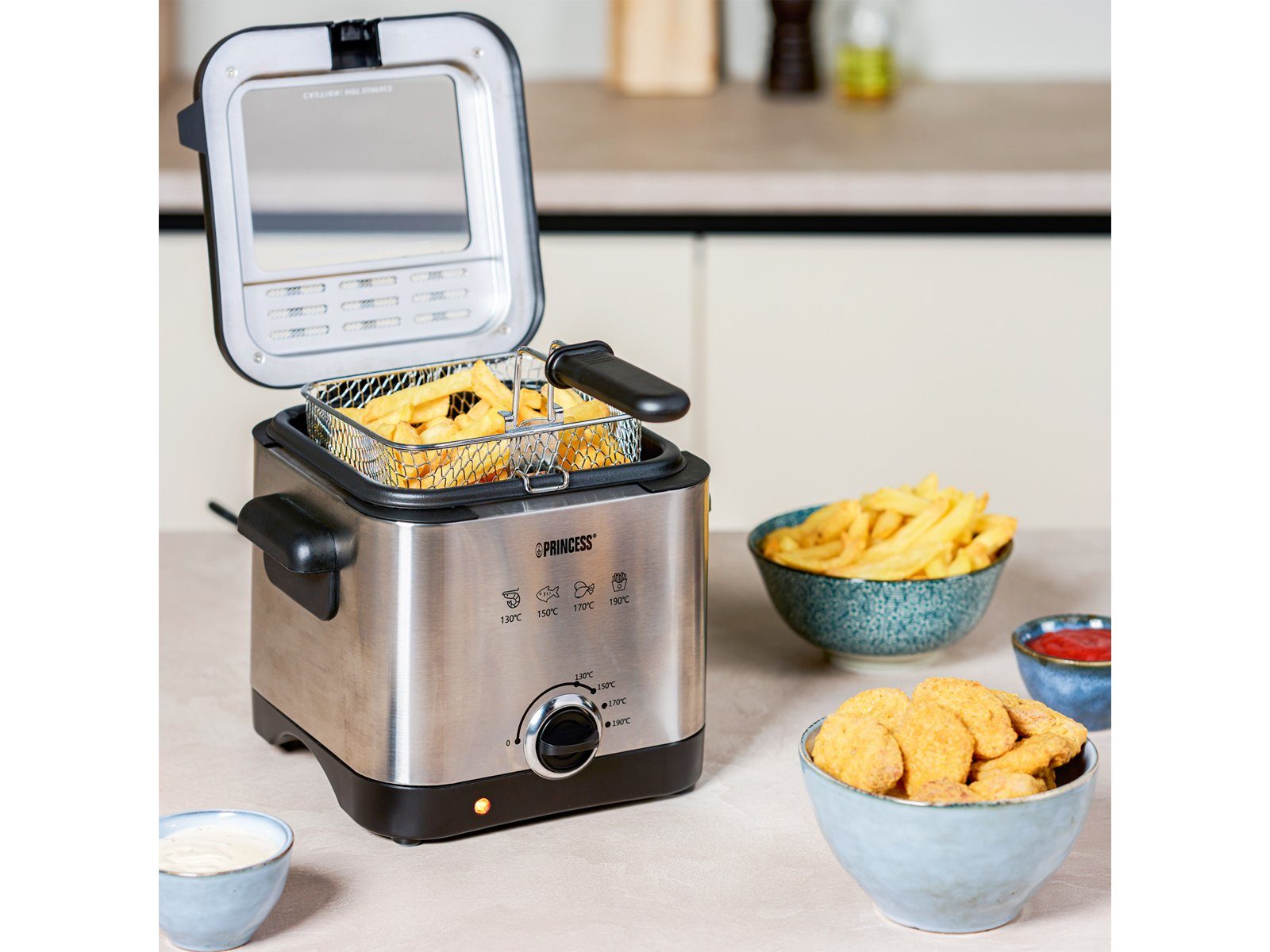 PRINCESS Fritteuse, 1000 W, Kleine Mini Öl-Fritöse mit Geruchsfilter, regelbarer Thermostat Silber