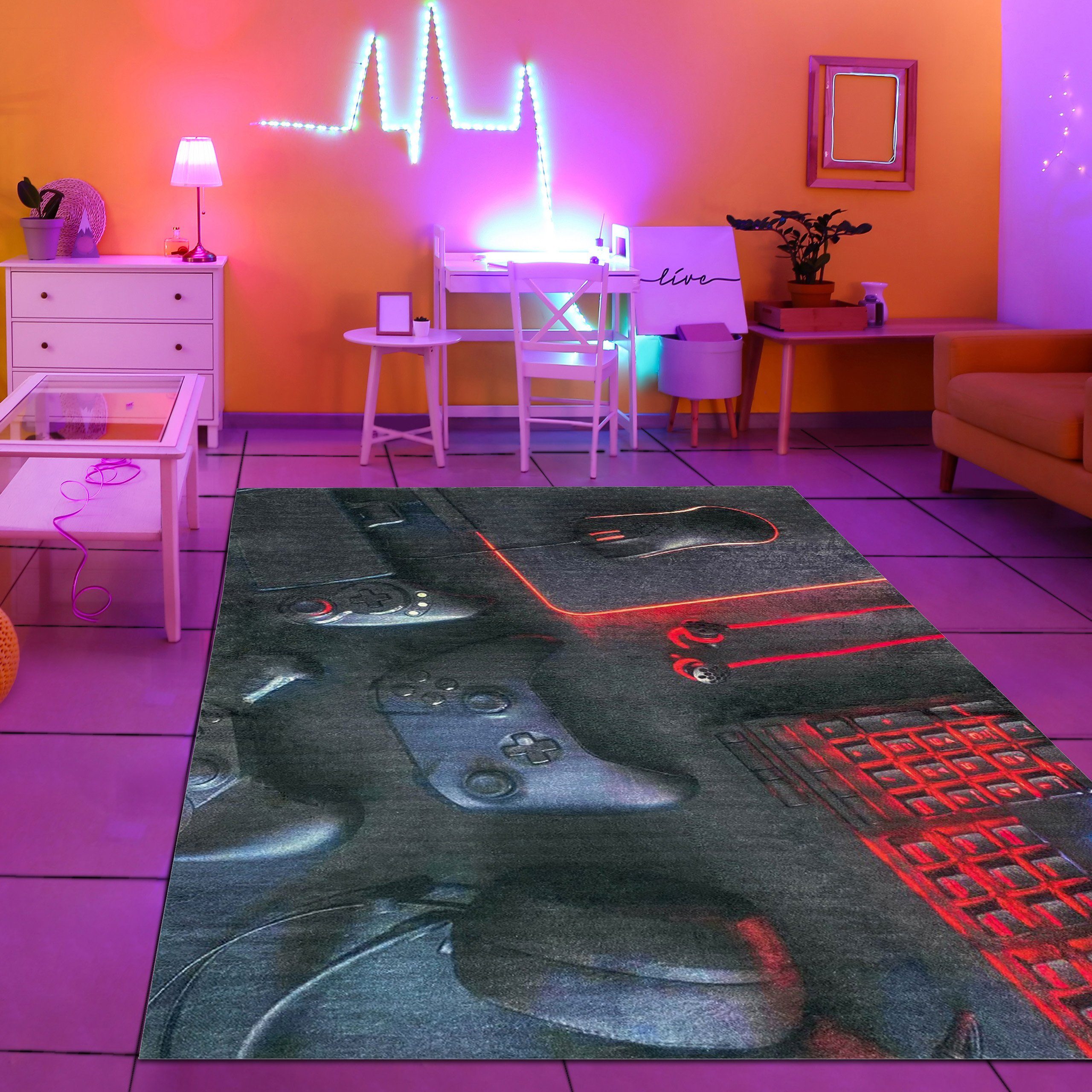 TeppichHome24 Kinderteppich Gaming Teppich mit Konsole und Joystick Schwarz günstig online kaufen