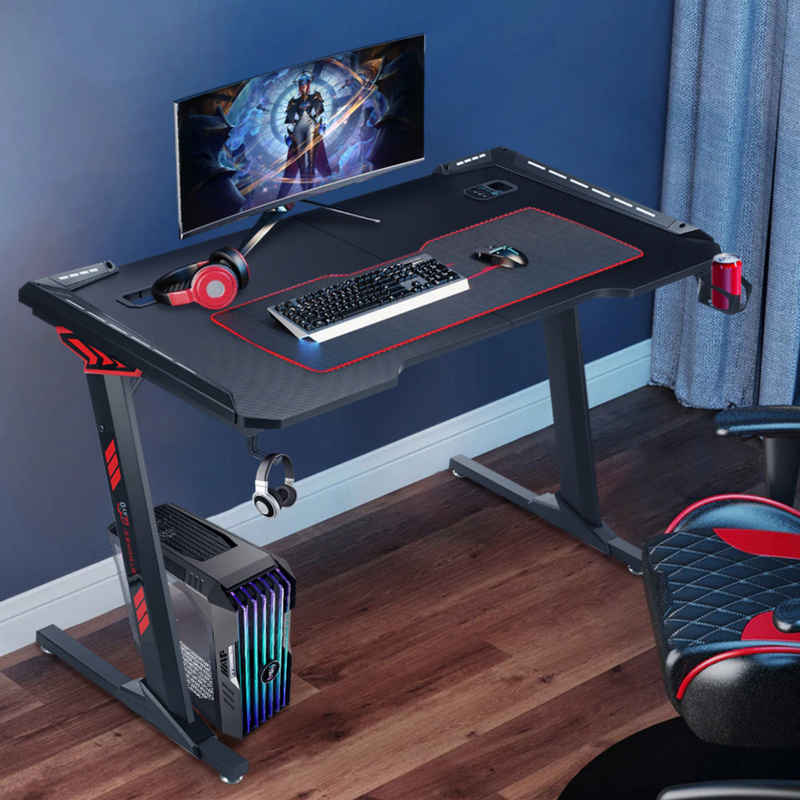 OULENBIYAR Gamingtisch mit LED 140cm, Z-Frame Groß Gaming Schreibtisch mit Mauspad PC, mit 3 USB-Ladeanschluss des Telefons, Getränkehalter & Kopfhörer Haken