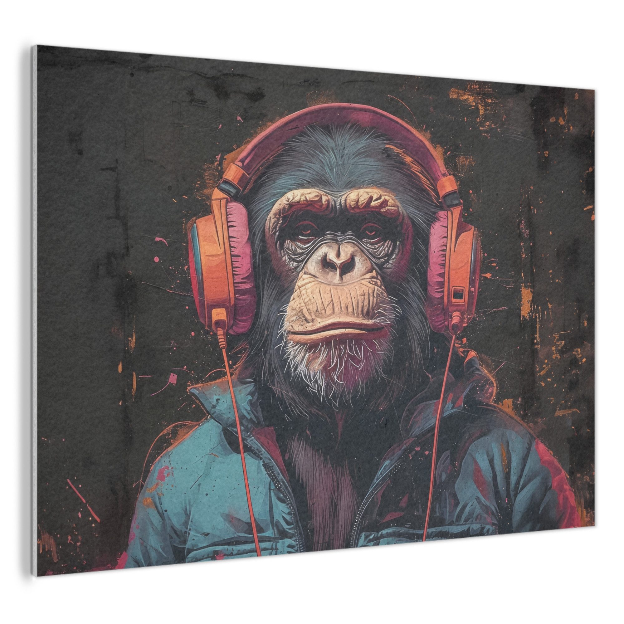 MuchoWow Gemälde Graffiti - Schimpanse - Kopfhörer - Affe, Fotodruck (1 St), Wandkreis, Wandpaneele, Groß, Schalldämmung, Akustikbilder 120x90 cm