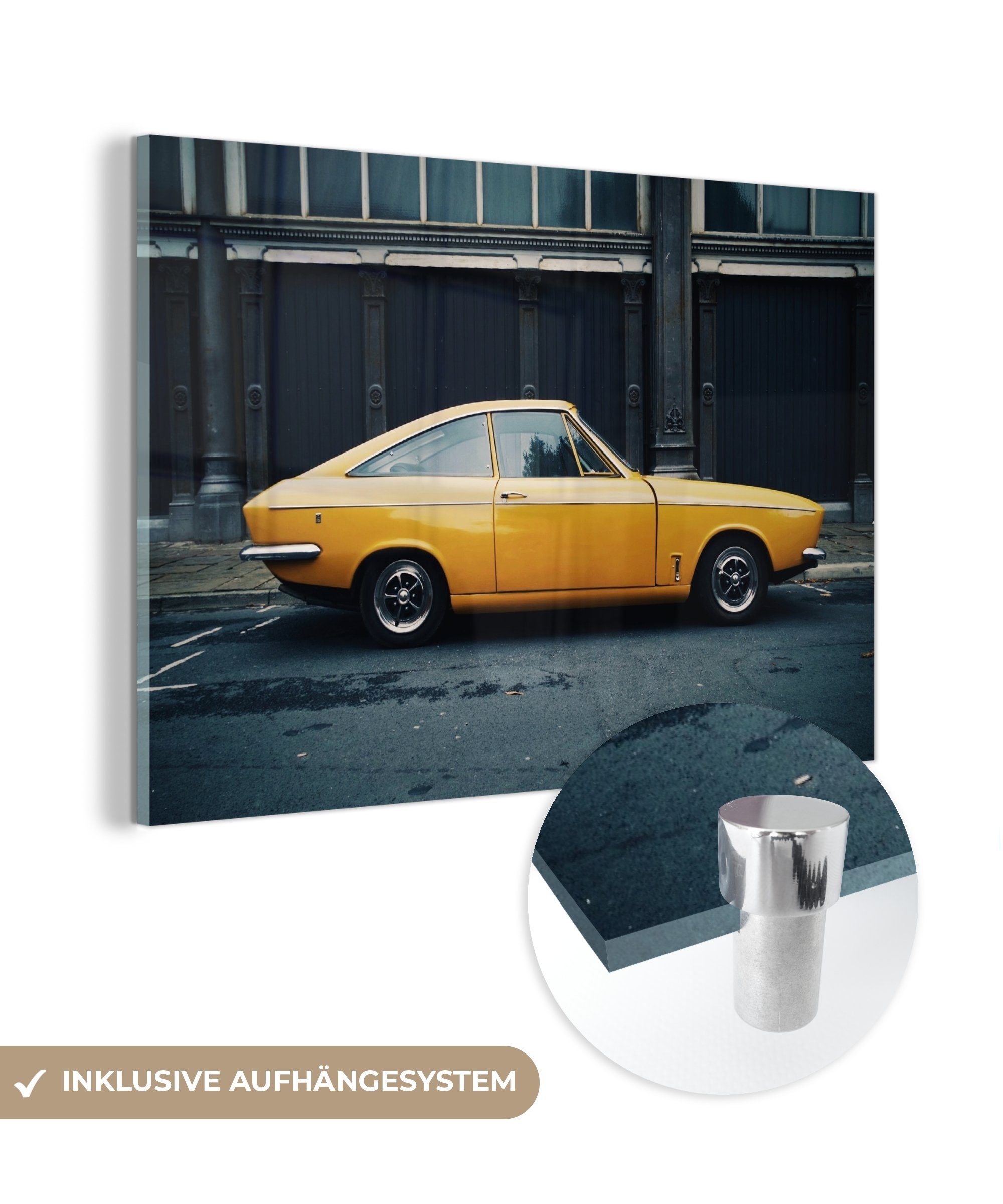 MuchoWow Acrylglasbild Autos - Oldtimer - Gelb, (1 St), Acrylglasbilder Wohnzimmer & Schlafzimmer