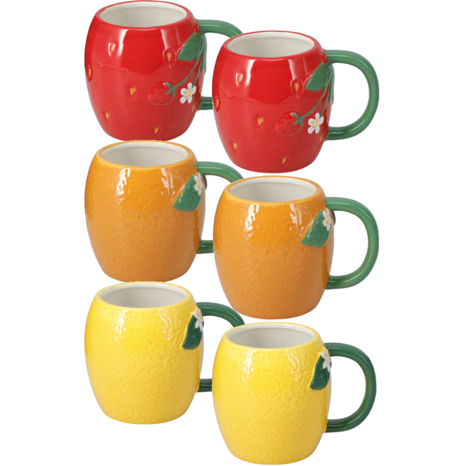 Koopman Tasse Kaffeetbecher Bunt 300ml Früchte 6 Tlg. Set, 6-tlg., Keramik, Erdbeere, Orange, Zitrone, mit Henkel