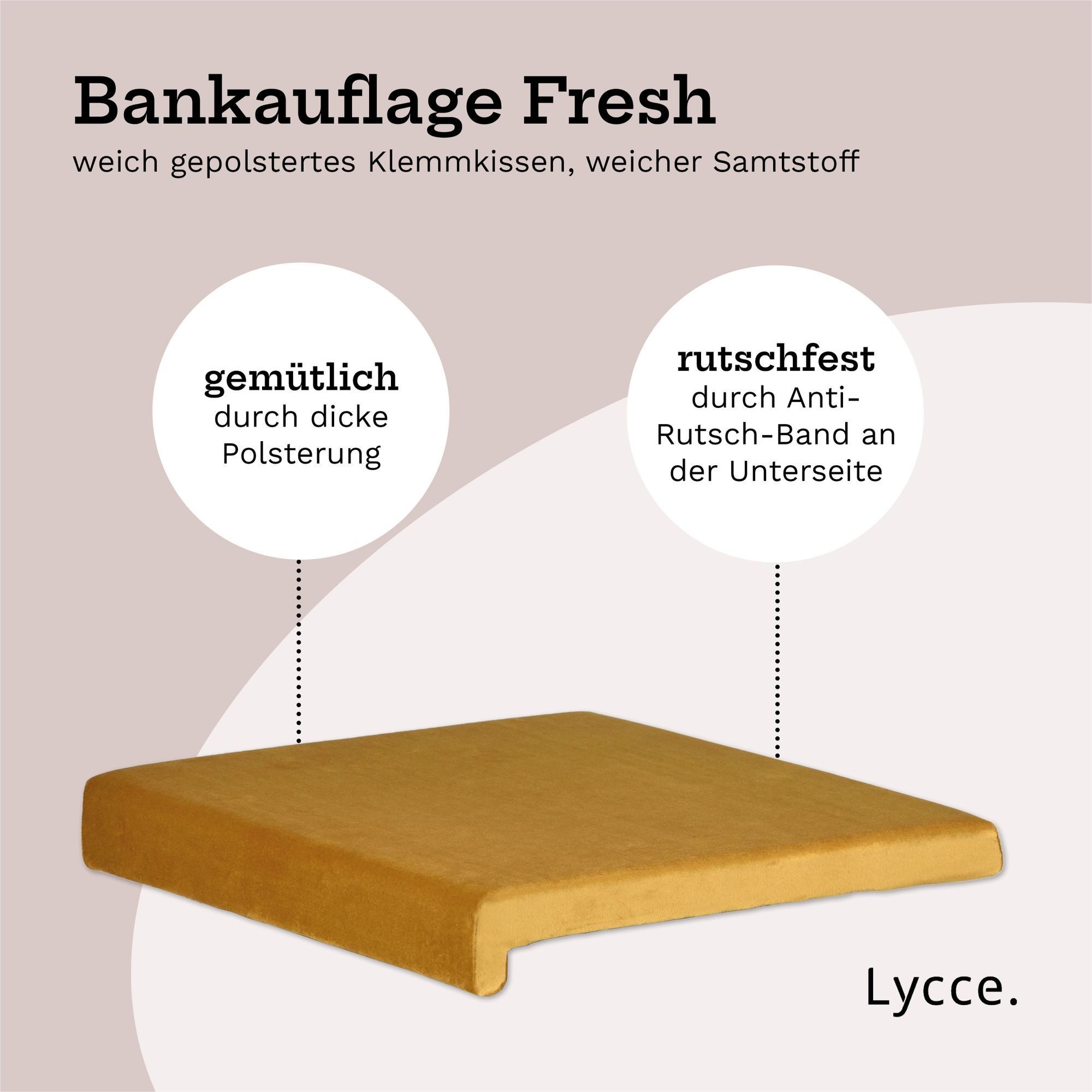 Lycce Bankauflage Klemmkissen, Sitzkissen mit 1 Leiste, 40cm breit - 35cm Klemmtiefe, (1 St), weich gepolstert, verrutscht nicht, edle Optik Samt senf olive – Bild 3 von 5