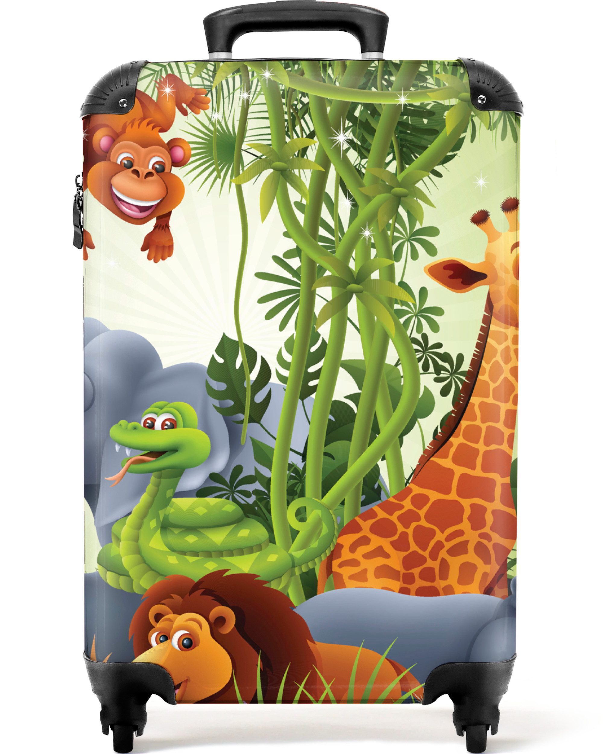 NoBoringSuitcases.com© Kinderkoffer Dschungeltiere - Pflanzen - Kinder - Elefant - Giraffe - Löwe 55x35x20, 4 Rollen, Kinder Koffer Klein, Trolley Handgepäck, Reisekoffer