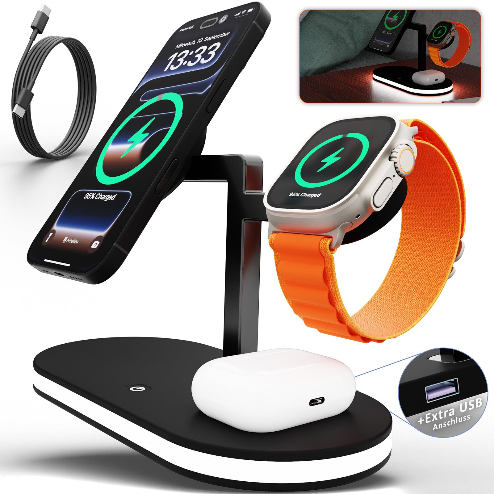 GreenHec Ladestation iPhone Apple Watch Induktiv LED-Licht Wireless MagSafe für Wireless Charger (3000 mA, Spar-Set, 3in1 PowerBase + USB-C Kabel + 20w Dual Charger, iPhone 18 17 16 15 14 13 Pro Max Air Plus Charger Induktionsladegerät)