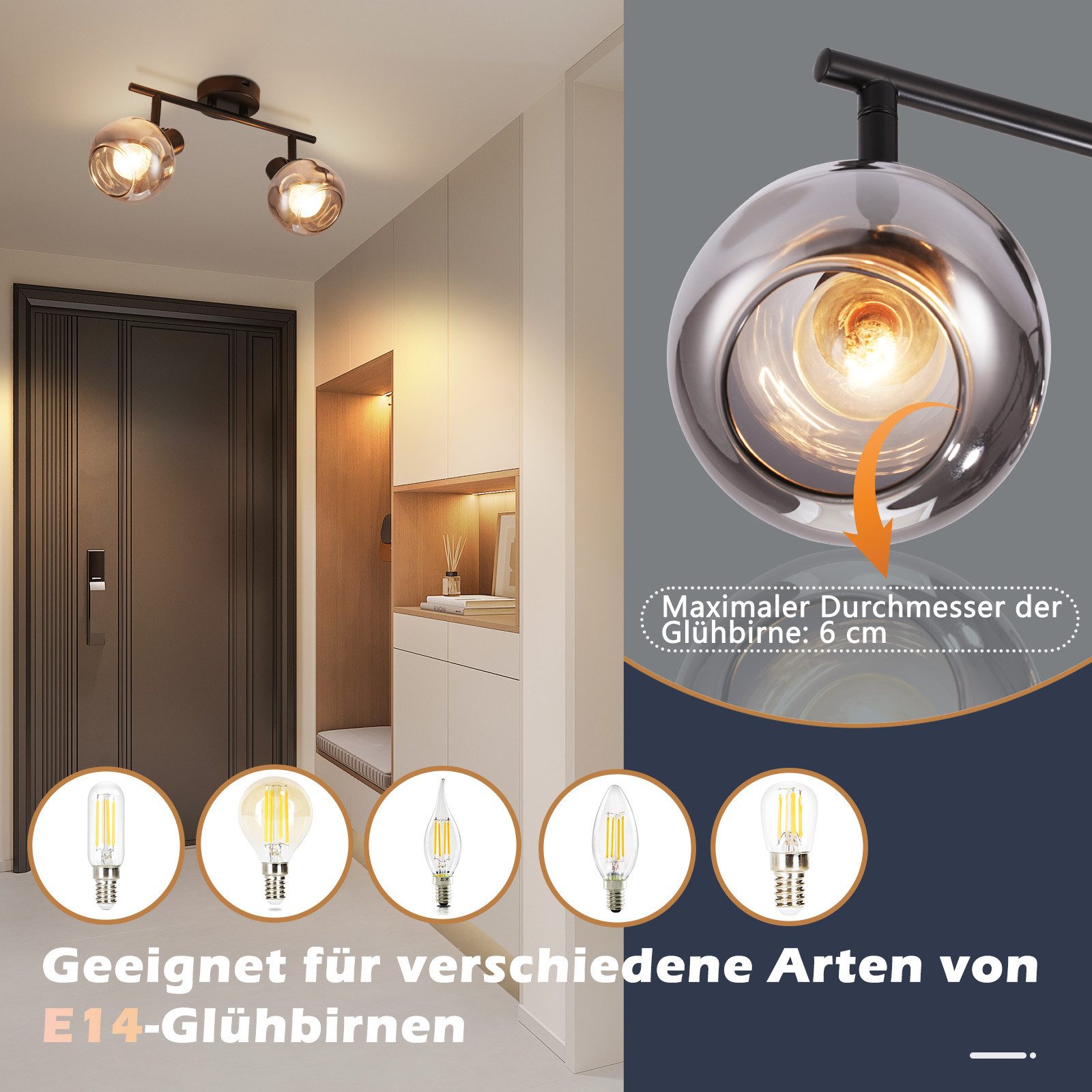 ZMH Deckenleuchte Wohnzimmer 350° Drehbar Rauchgrau Glas Retro Flurlampe für Küche, Vertikale Drehung: 90 Grad, ohne Leuchtmittel – Bild 5 von 5