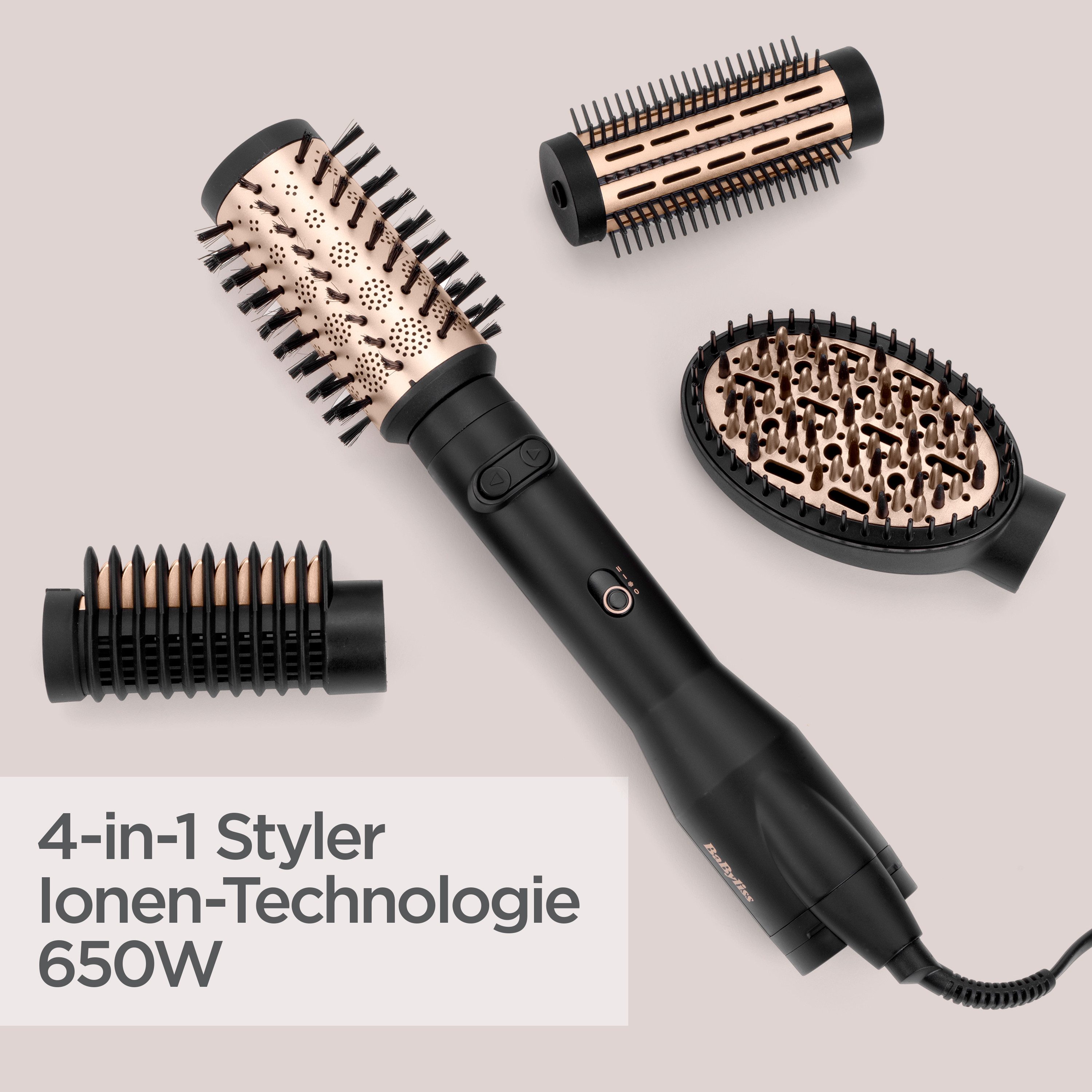 BaByliss Warmluftbürste Big Hair Luxe Warmluftbürste mit 4 Aufsätzen, AS970E, 650W Rundbürstenföhn, Rotierend, Ionen-Technologie, 4 Aufsätze