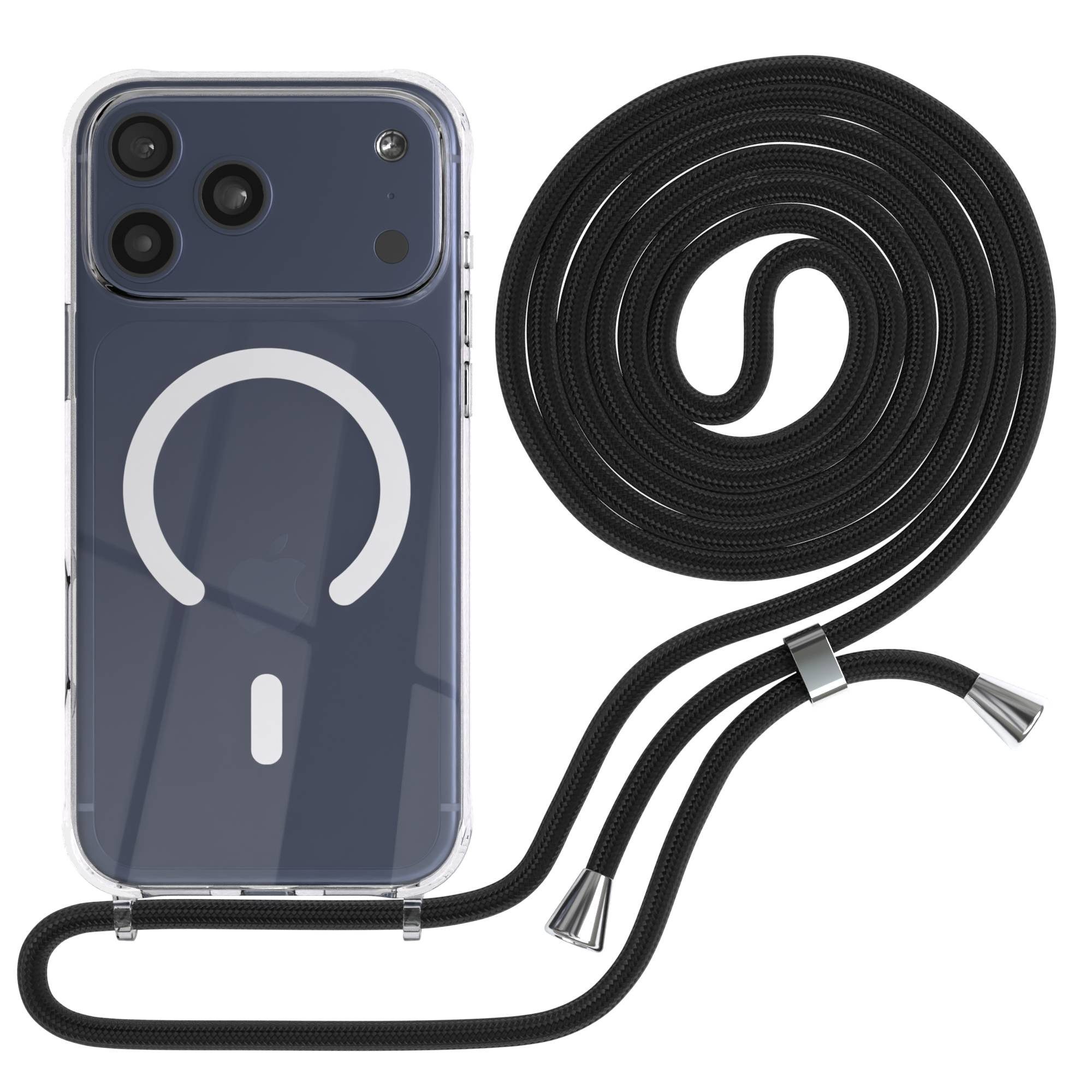 EAZY CASE Handykette mit Magsafe Hülle für Apple iPhone 17 Pro Max 6,9 Zoll, Handykordel Qi-Case Slimcover mit Umhängeband zum Umhängen in Schwarz