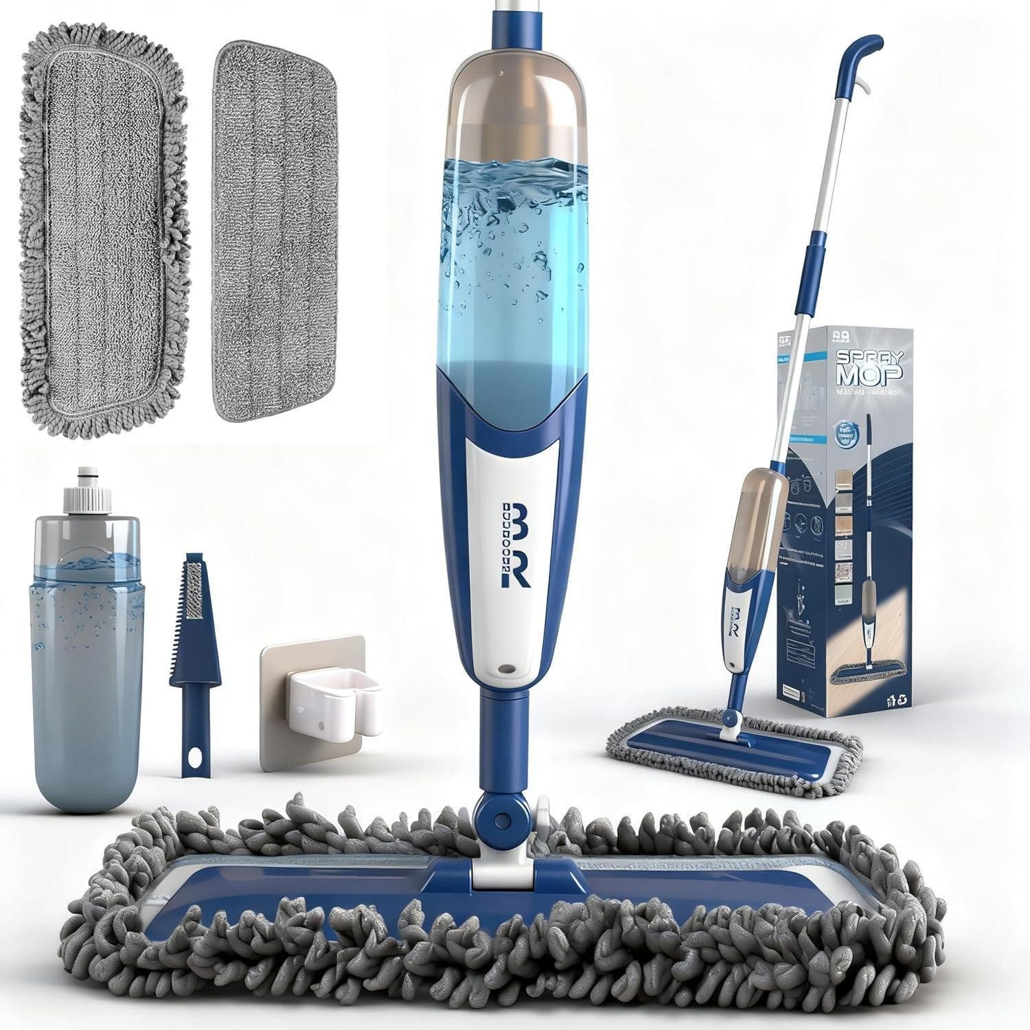 LuxusKollektion Reinigungs-Set Sprühmopp 360GradDrehung Bodenreiniger Blue White 500ml-2pcs pads