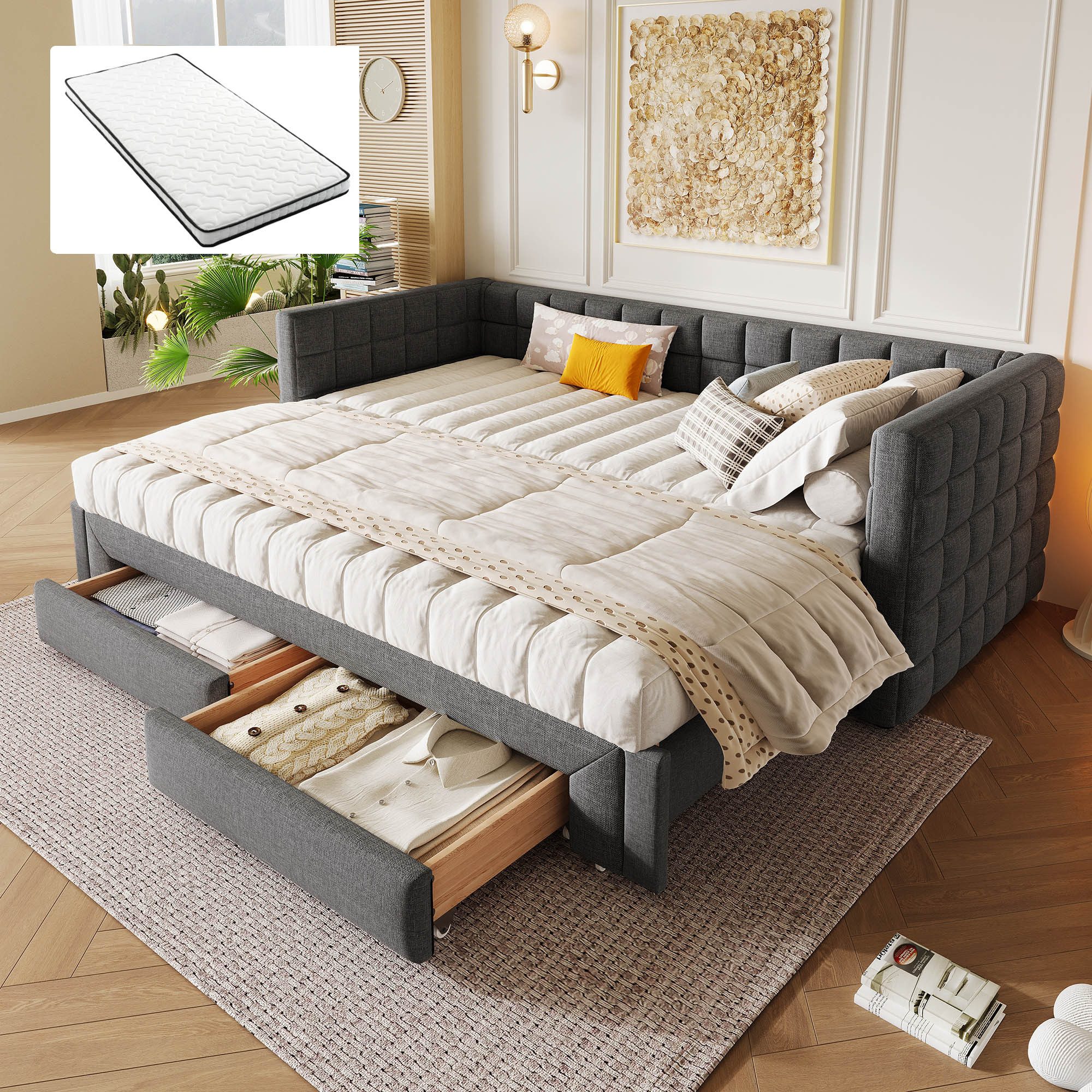 REDOM Daybett mit Stauraum & ausziehbarem Design (Polsterbett Funktionsbett), Inklusive Matratze