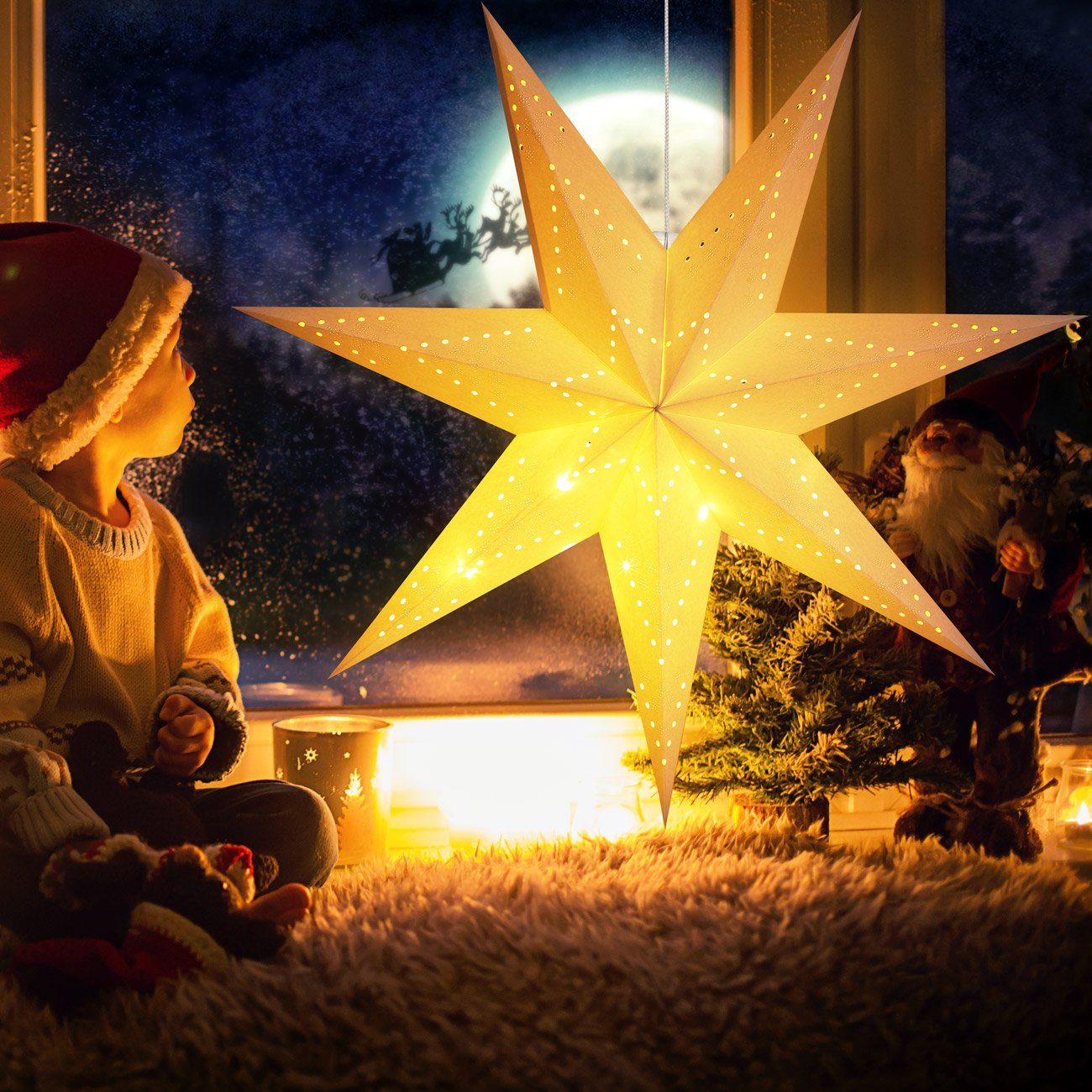 Casaria Dekostern, 1 St., LED Leuchtstern Batterie Zum Papierstern Dekostern Kabellos 60 Weiß Weihnachtsstern Adventsstern Weihnachten cm Fenster Aufhängen Beleuchtet
