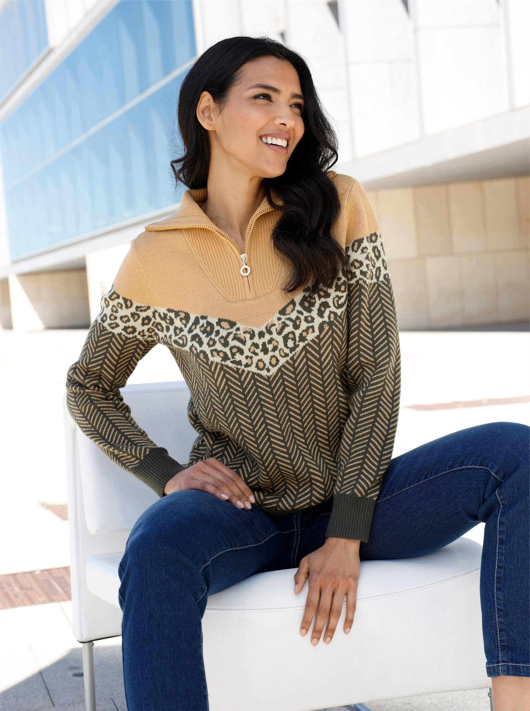 Sieh an! Strickpullover Troyer-Pullover Langarm Jacquard, Jersey