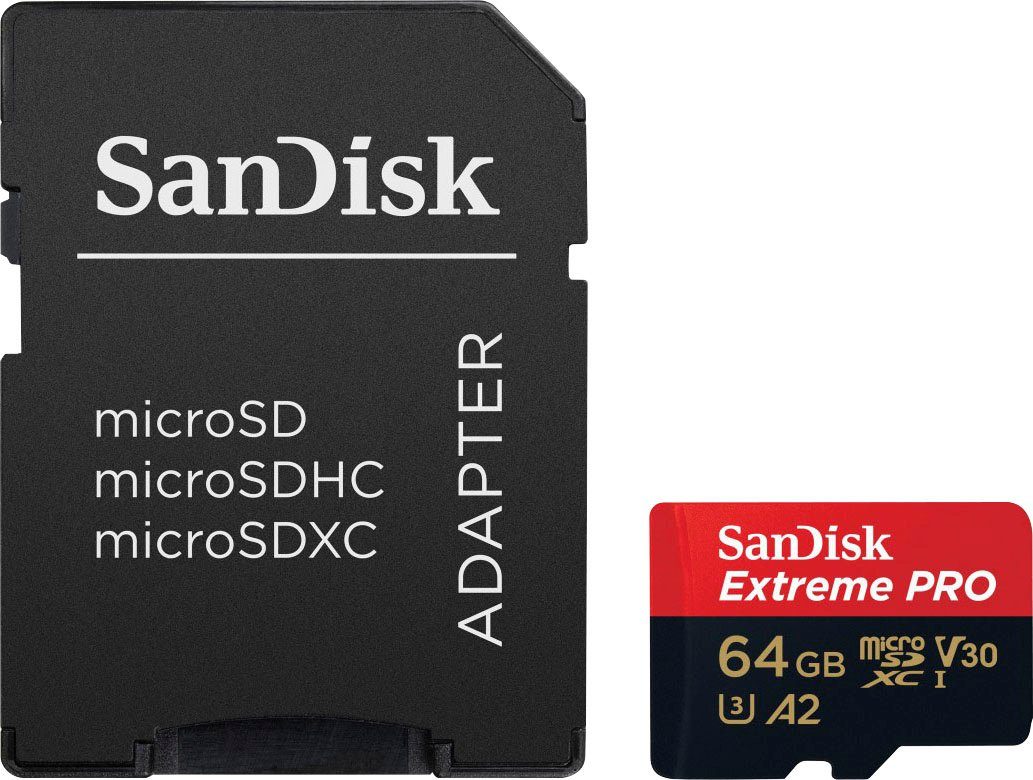 Sandisk Extreme PRO microSDXC™-UHS-I-KARTE Speicherkarte (64 GB, Video Speed Class 30 (V30)/UHS Speed Class 3 (U3), 200 MB/s Lesegeschwindigkeit)
