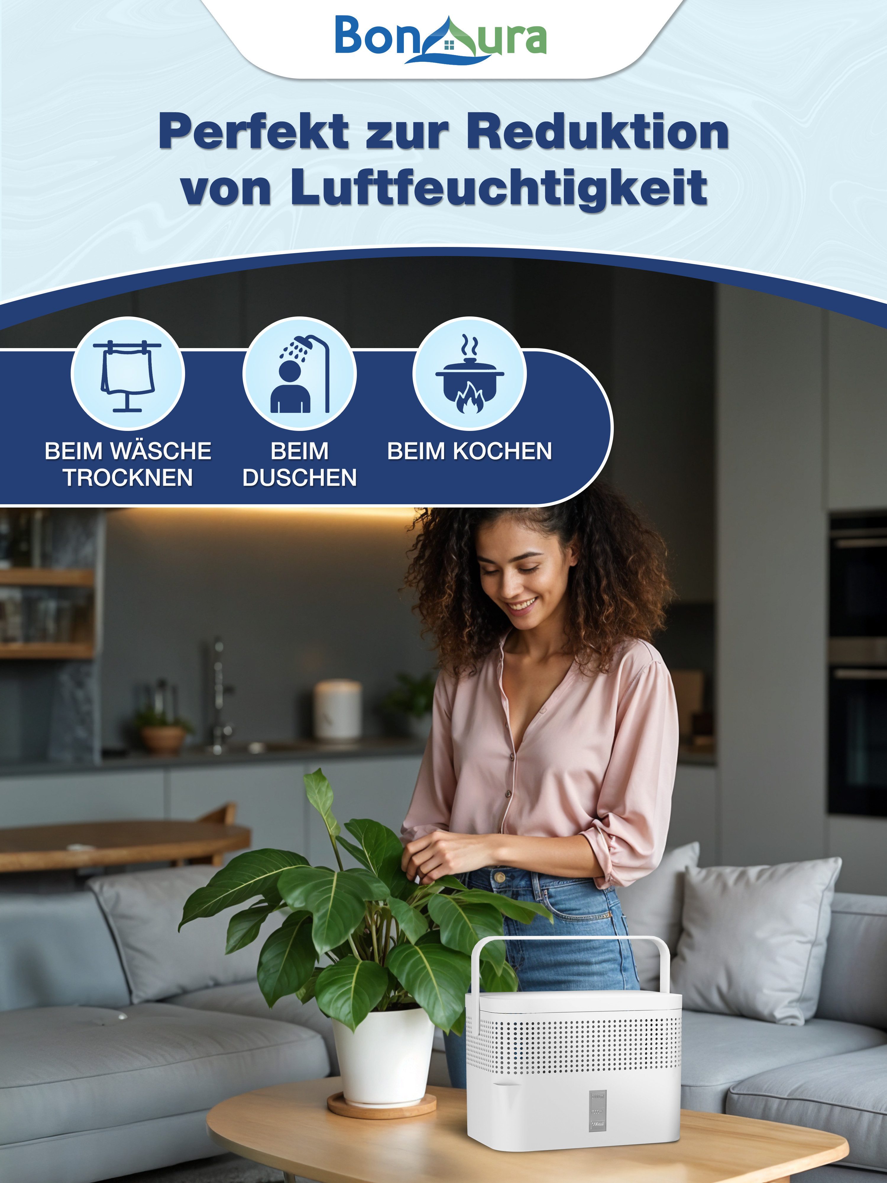 BonAura Luftentfeuchter ohne Strom, für 79 m³ Räume, 980g Granulat, Schutz gegen Schimmel und muffige Gerüche