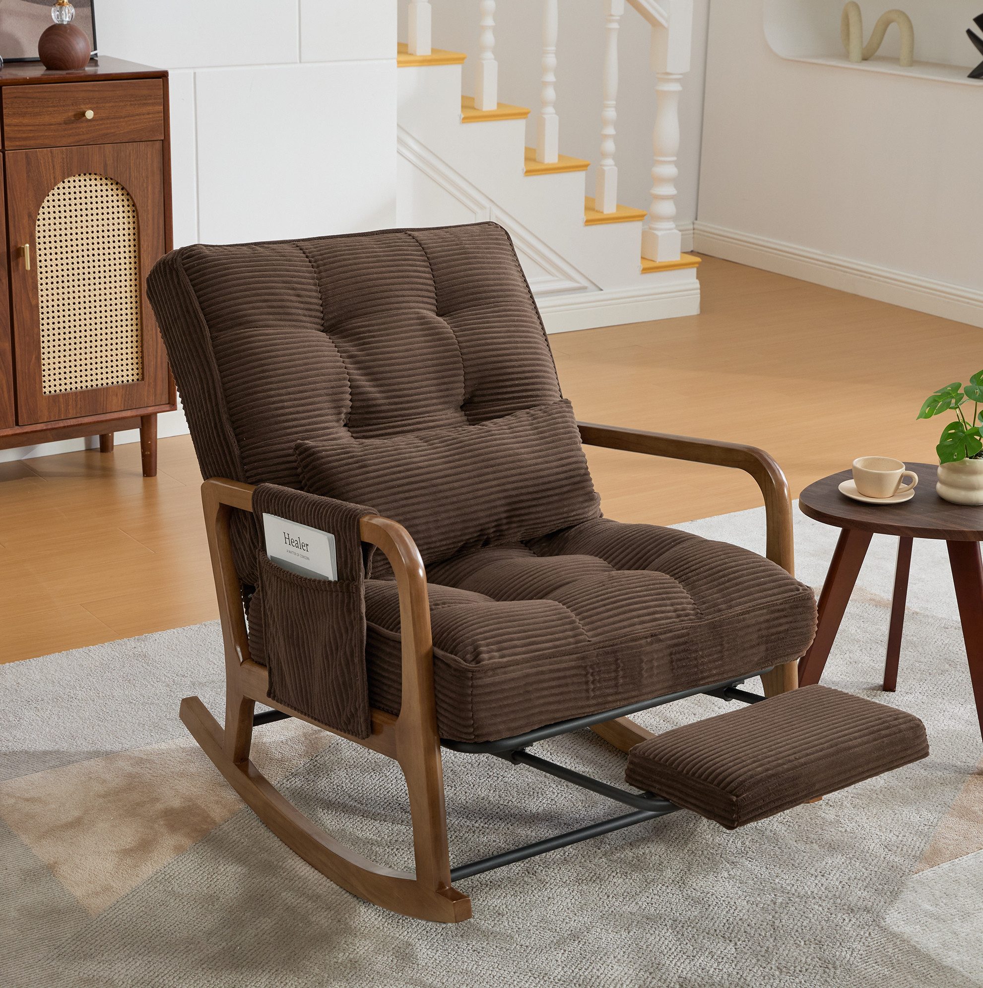 MODFU Loungesessel Ergonomischer Freizeitstuhl aus Cord mit Fußstütze (verstellbarer Schaukelstuhl und Baby-Sessel mit Lendenkissen), Schaukelstuhl Polstersessel