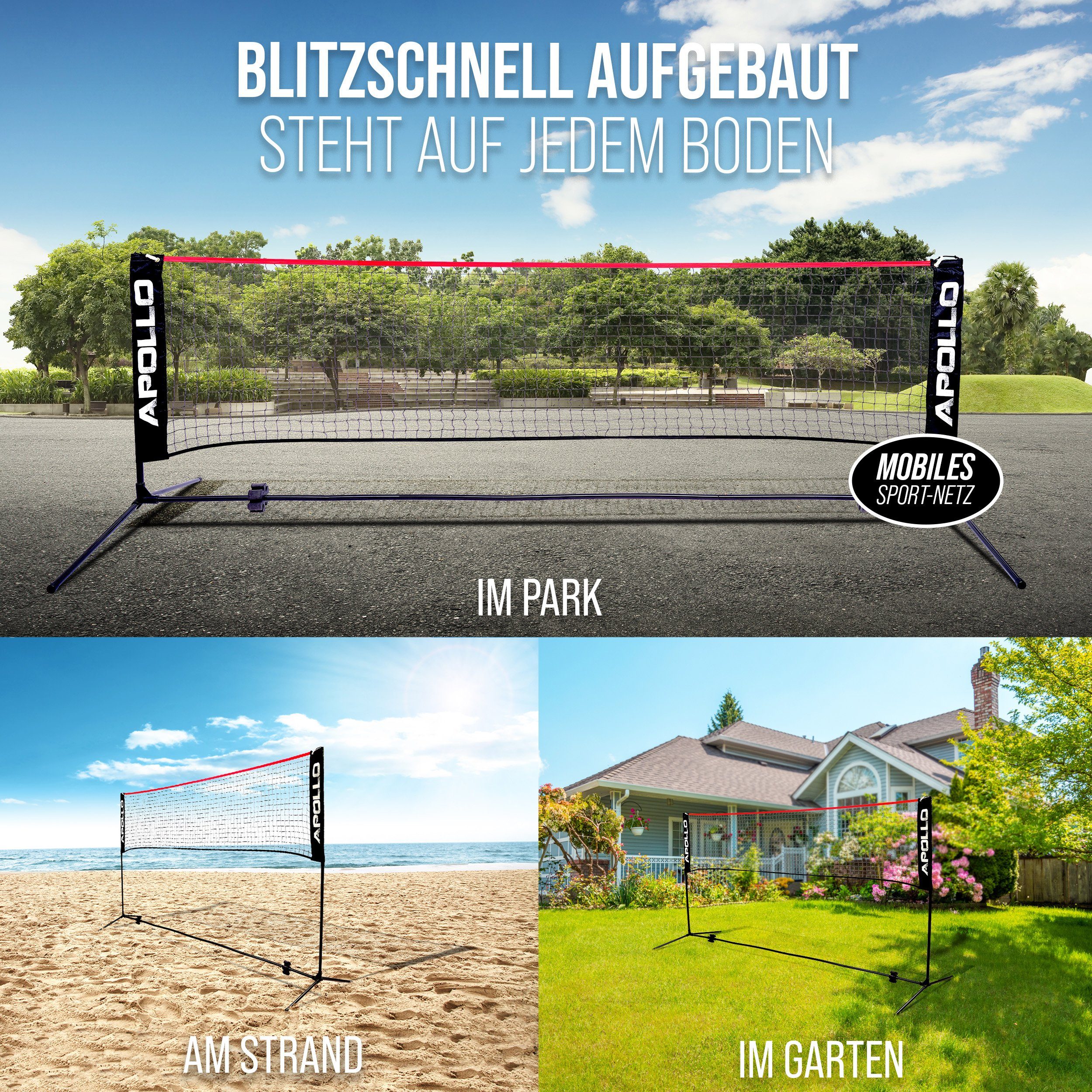 Apollo Badmintonnetz Badminton und Volleyball Netz, 300 cm, 400 cm, 500 cm, höhenverstellbar, inkl. 3 Federbällen