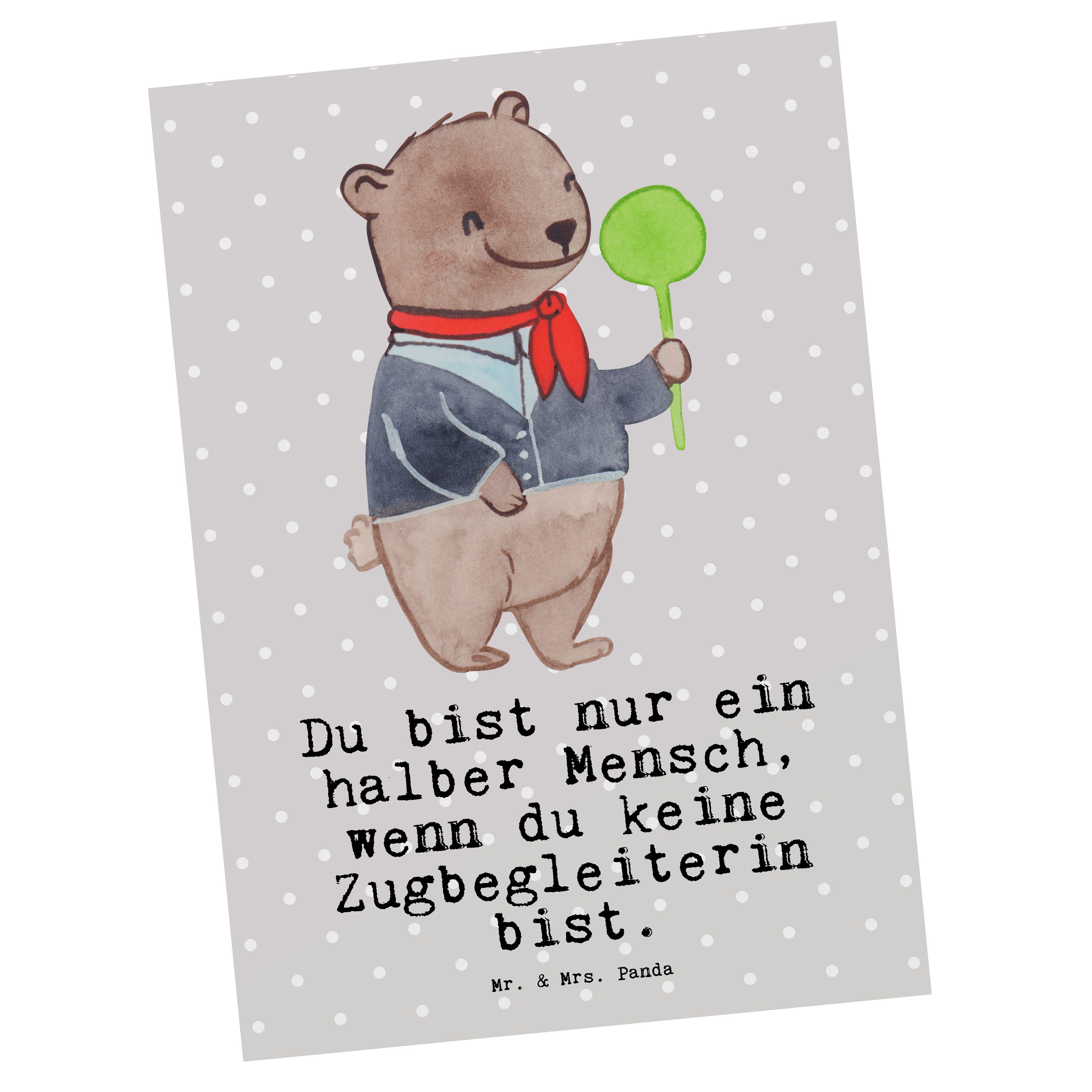 Mr. & Mrs. Panda Postkarte Zugbegleiterin mit Herz - Grau Pastell - Geschenk, Geschenkkarte, Fir