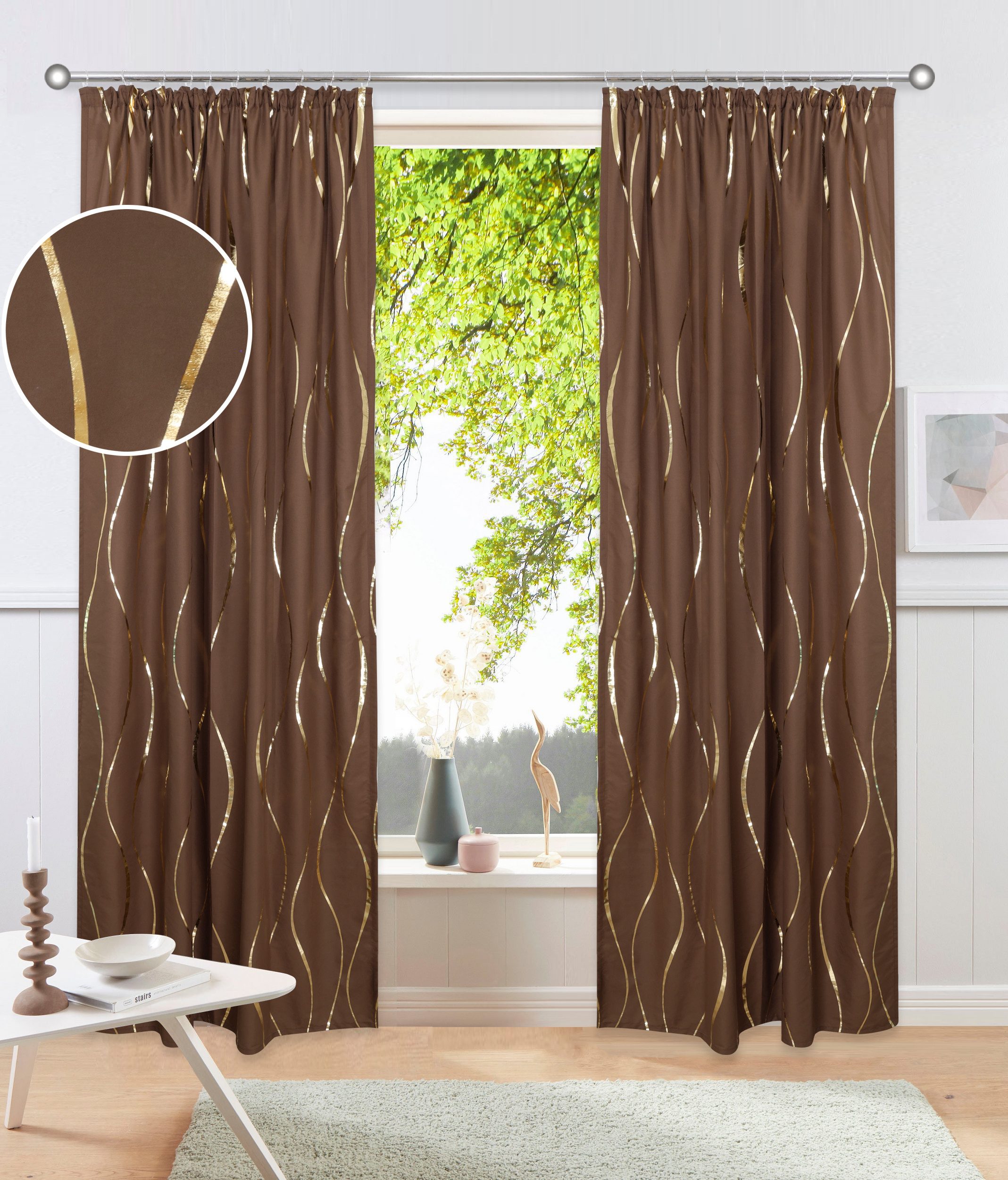 OTTO home Gardine Quinnton (2 St), Kräuselband, blickdicht, Blickdicht, 2er‑Set. Metallic‑Akzenten, Kräuselband