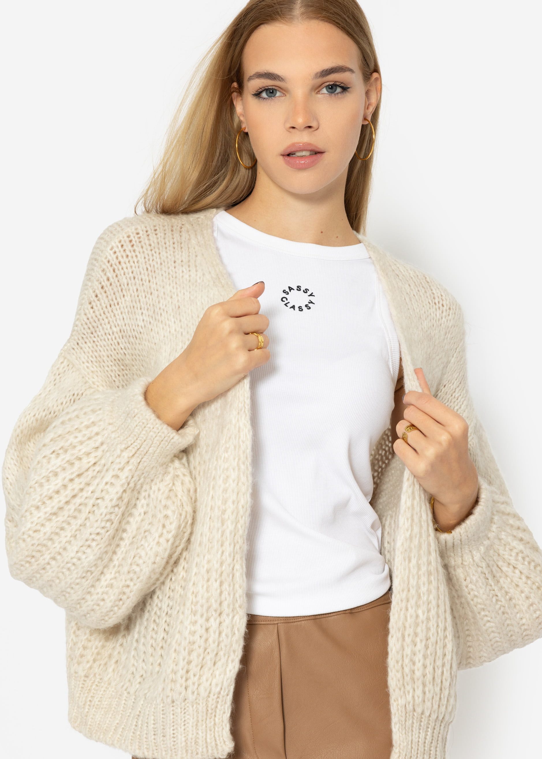 SASSYCLASSY Cardigan Offen fallende Oversize Strickjacke Damen Elegant Lässiger Strick Cardigan mit Struktur Schwarz Beige Grau Made in Italy