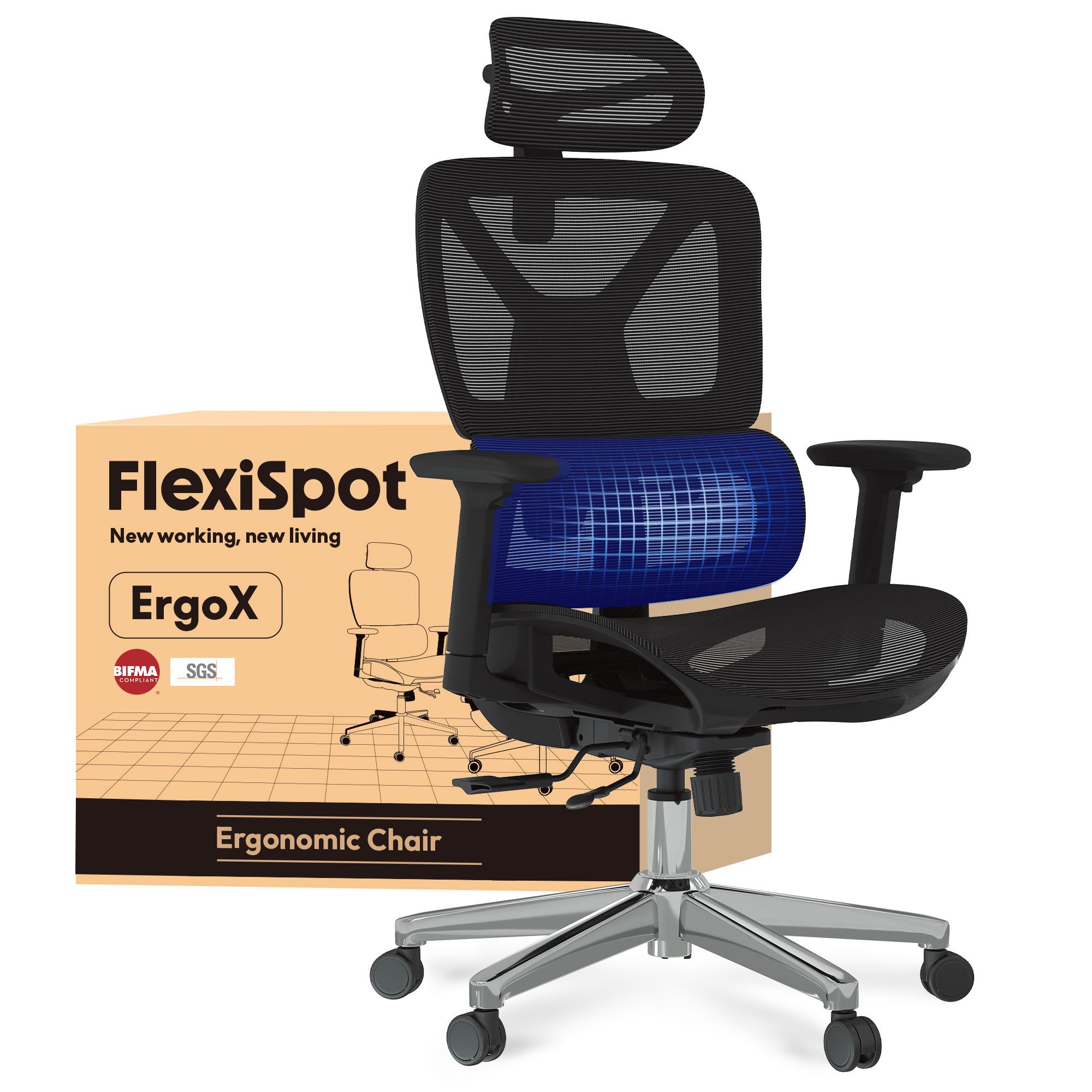FLEXISPOT Bürostuhl ErgoX, Schreibtischstuhl Premium Ergonomischer (Rückenlehne verstellbar 90°-135°, 3D-Armlehnen, 3D-Kopfstütze, 5D-verstellbare Rückenlehne), Chef-Mesh-Bürostuhl, Computer-Bürostuhl, 130KG Tragkraft