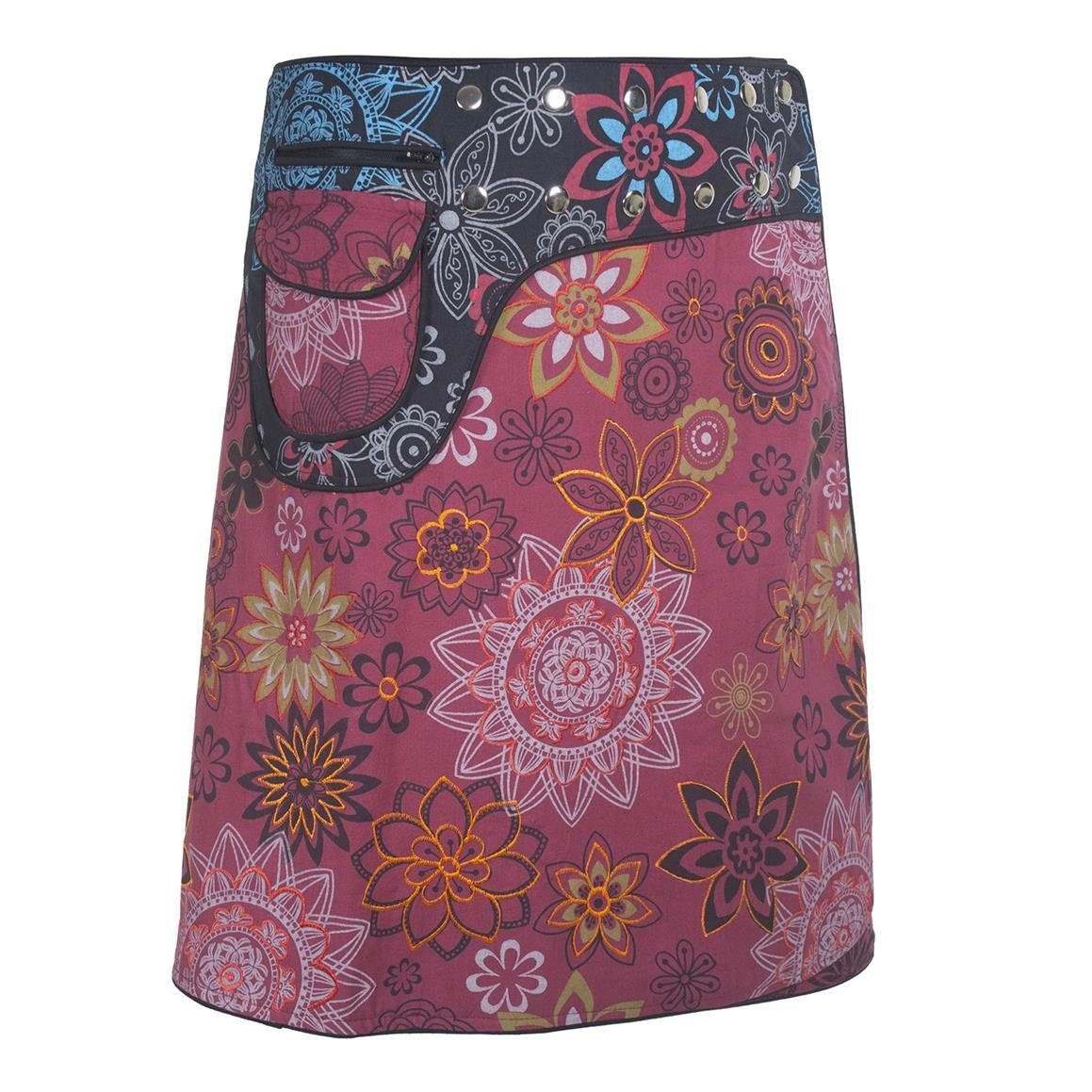 Bunt Style Vishes Wrapper mit Goa, Wickelrock A-Linie, Sidebag Cacheur, Hippie dunkelrot-schwarz Bedruckt Bestickt Blumen